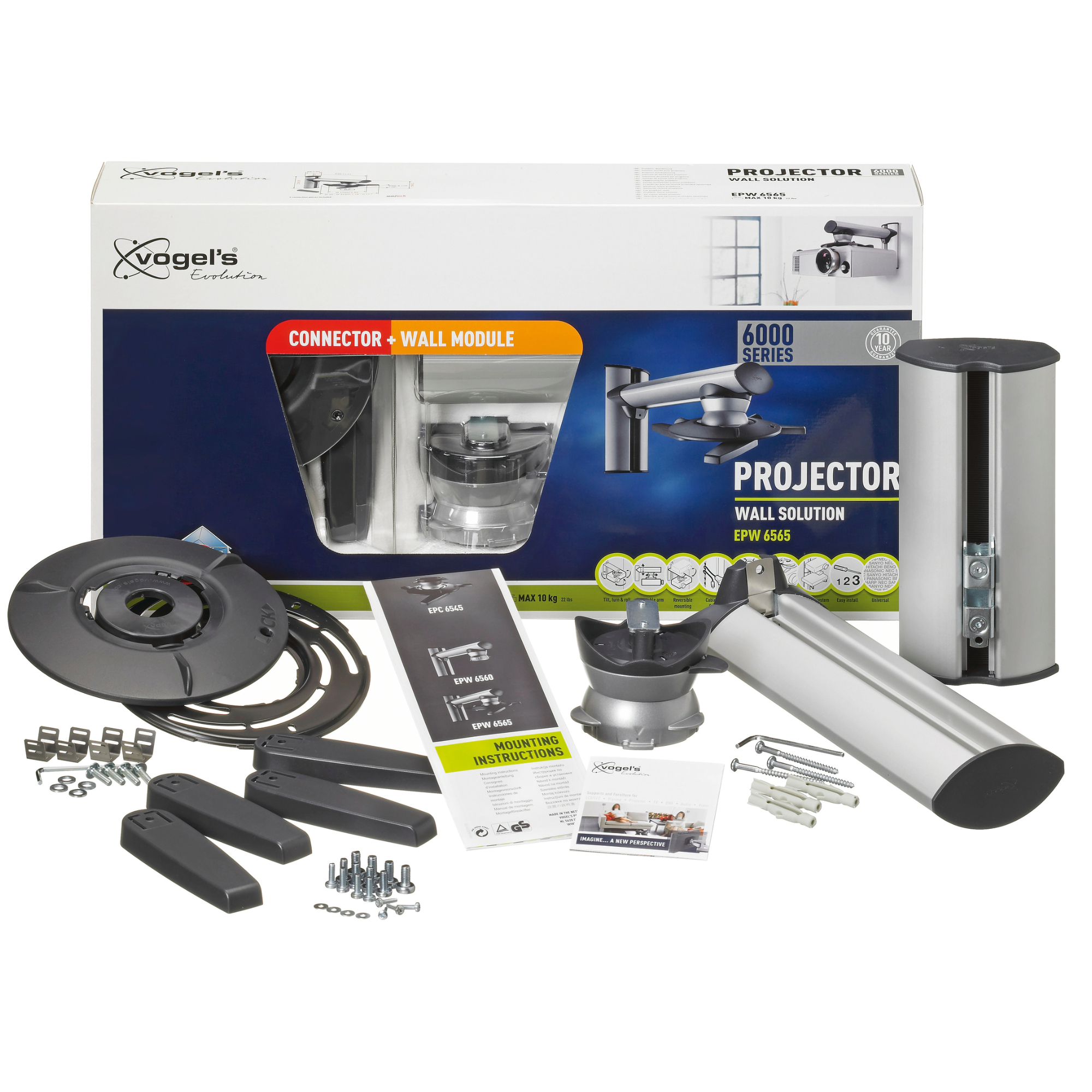 Zestaw do montażu ściennego projektora z różnymi częściami i instrukcjami.