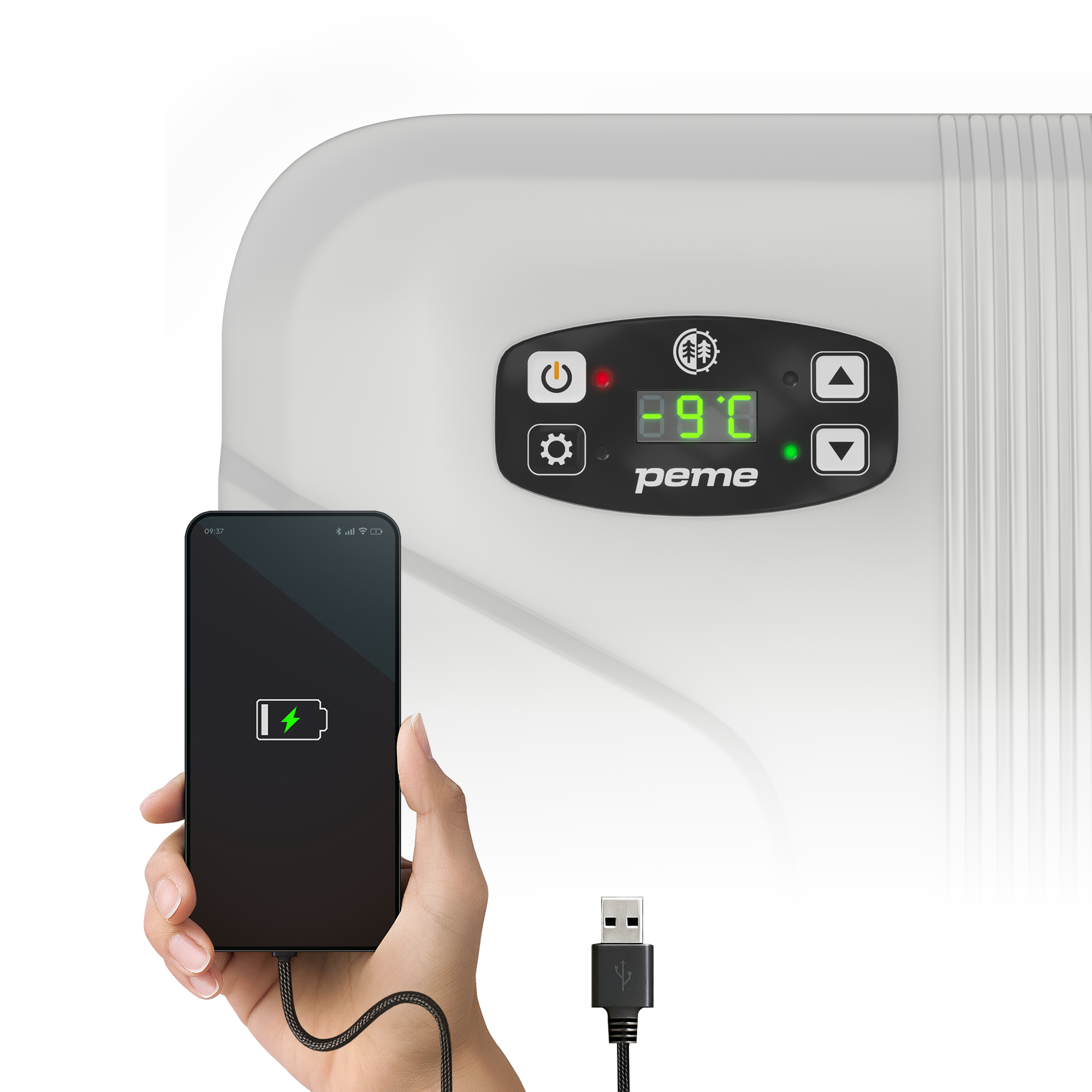 Eine Hand lädt ein Telefon mit Kabel, welches mit einem Kühler mit Digitalanzeige verbunden ist.