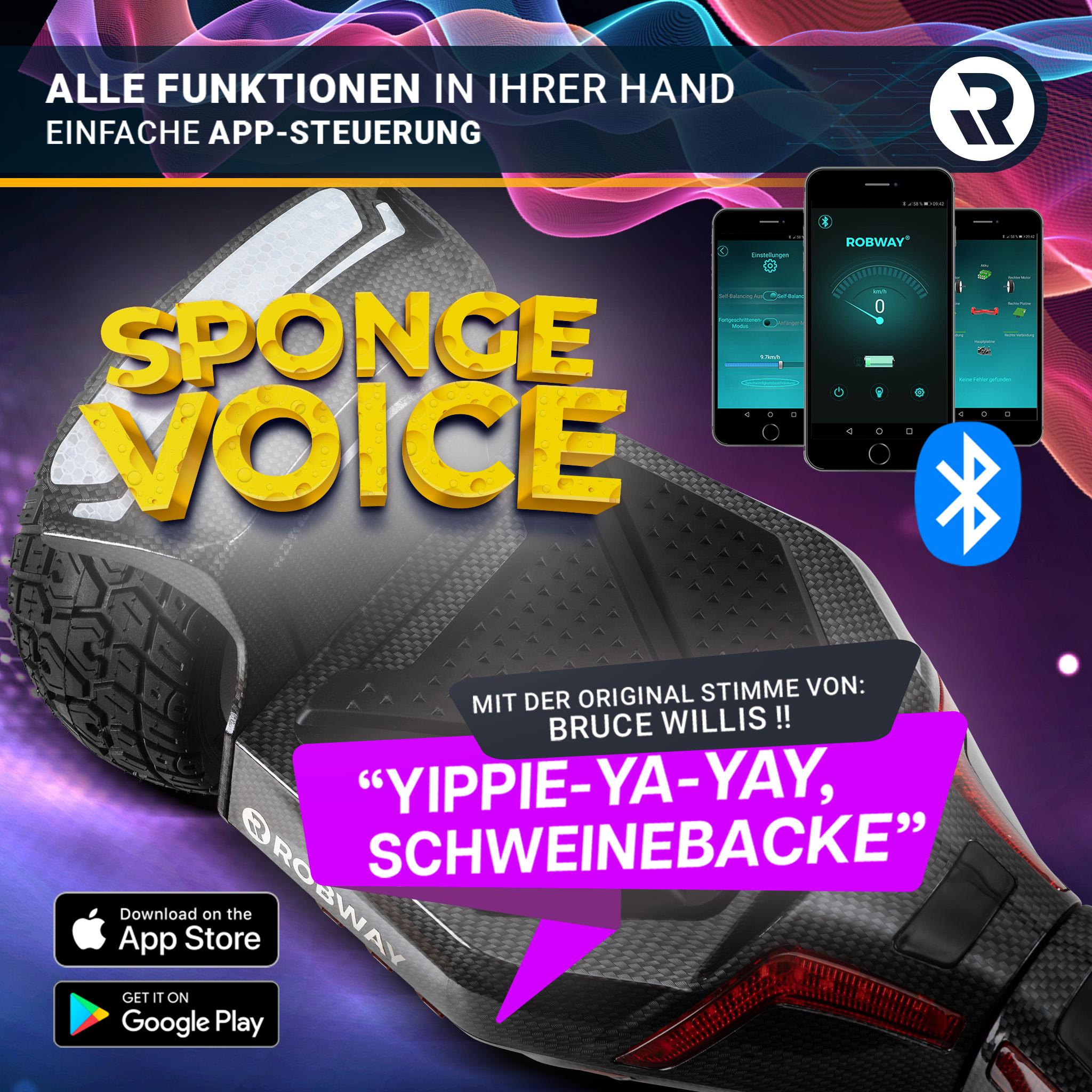 Hoverboard mit App-Steuerung und Bruce Willis Zitat. Telefone zeigen Geschwindigkeit und Einstellungen. Bluetooth-Symbol sichtbar.