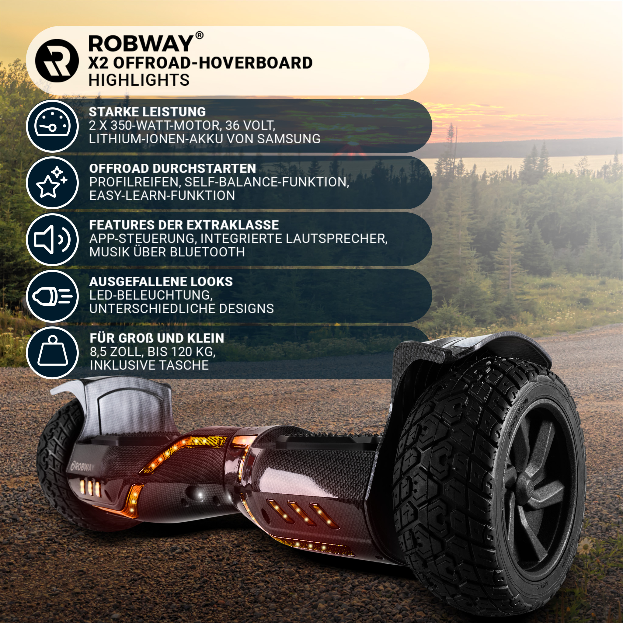 Schwarzes Hoverboard mit orangen Lichtern, auf einem Weg. Merkmale und Spezifikationen sind aufgeführt, einschließlich Motorgröße und Akku.
