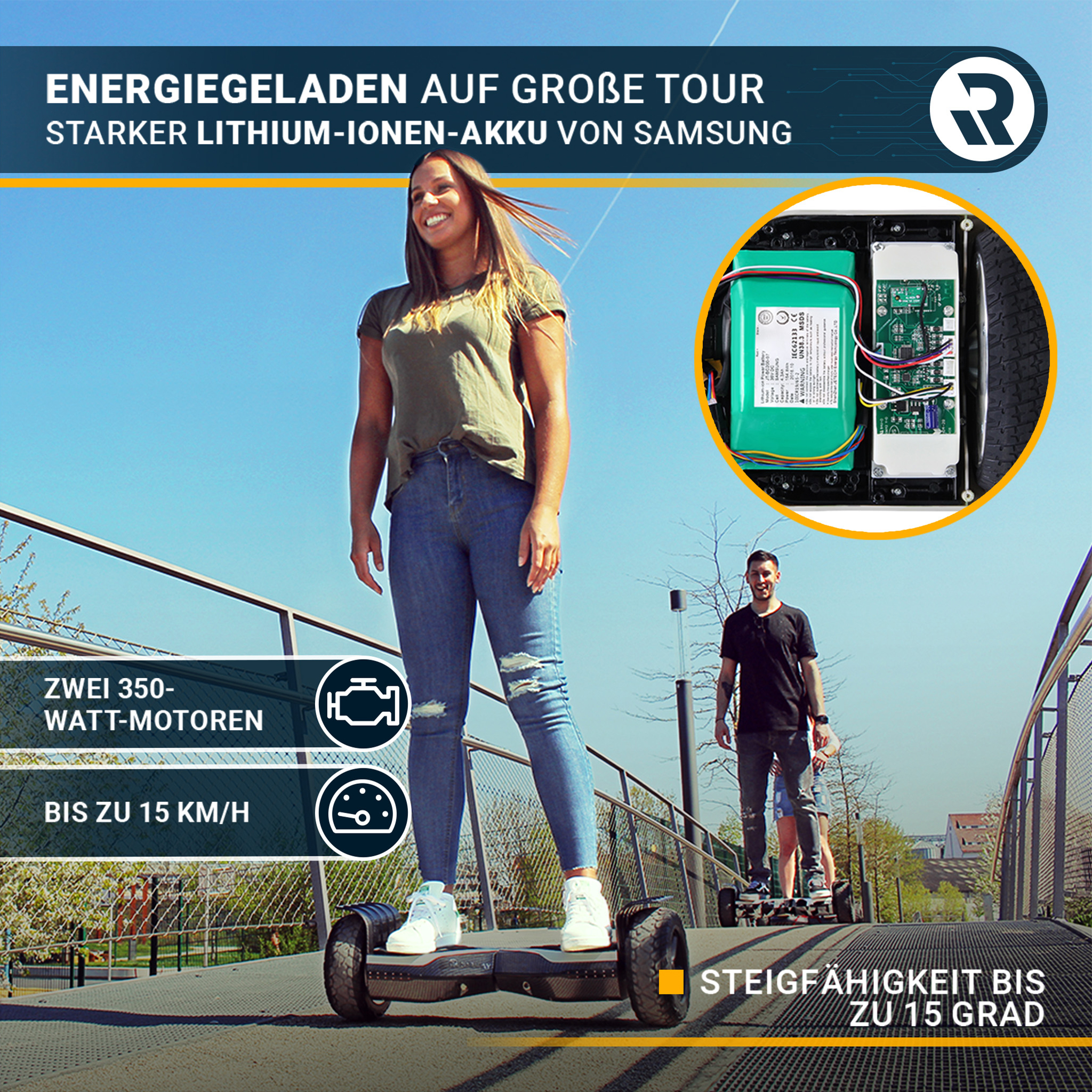 Frau auf einem Hoverboard auf einer Brücke. Zwei Männer fahren hinter ihr. Akku-, Motor- und Geschwindigkeitsdetails werden angezeigt.