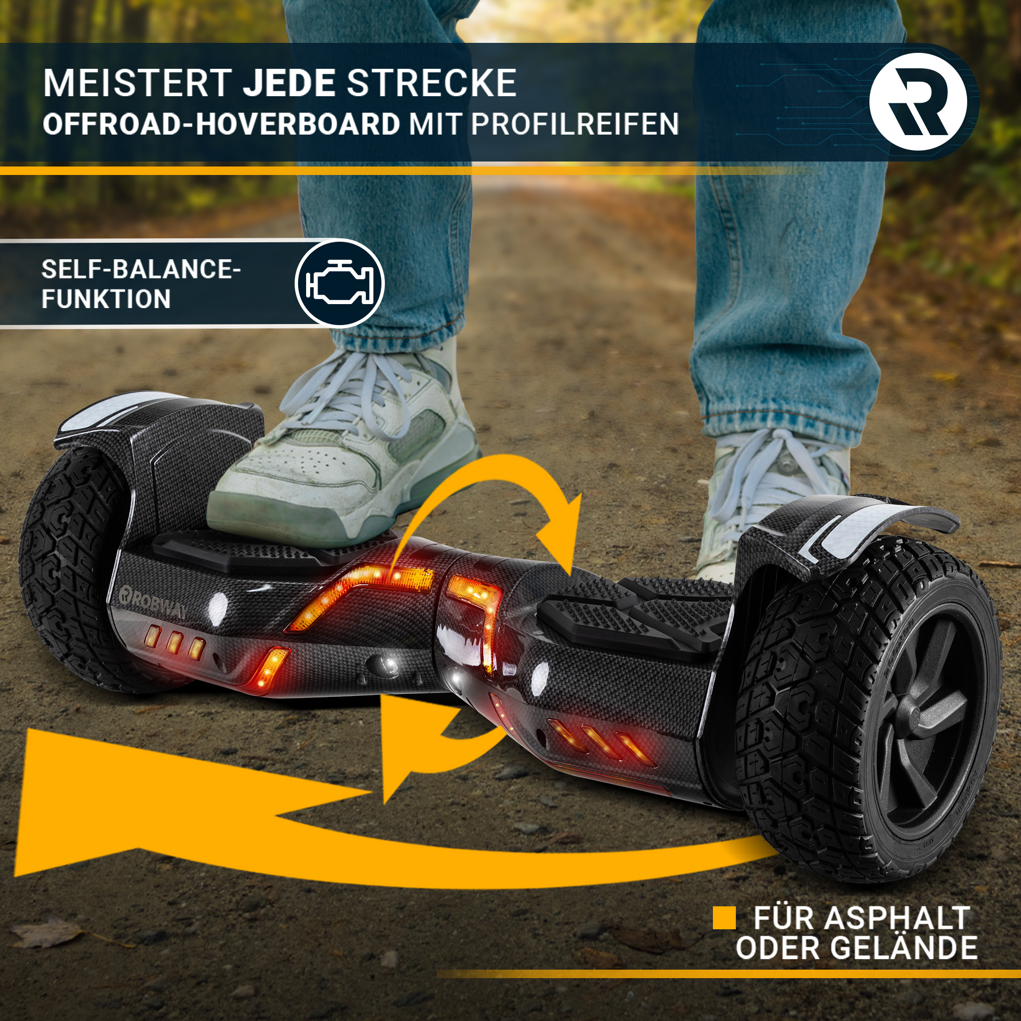 Person auf einem Hoverboard auf einem Feldweg. Ein Pfeil zeigt das Abbiegen. Die Selbstausgleichsfunktion wird hervorgehoben.