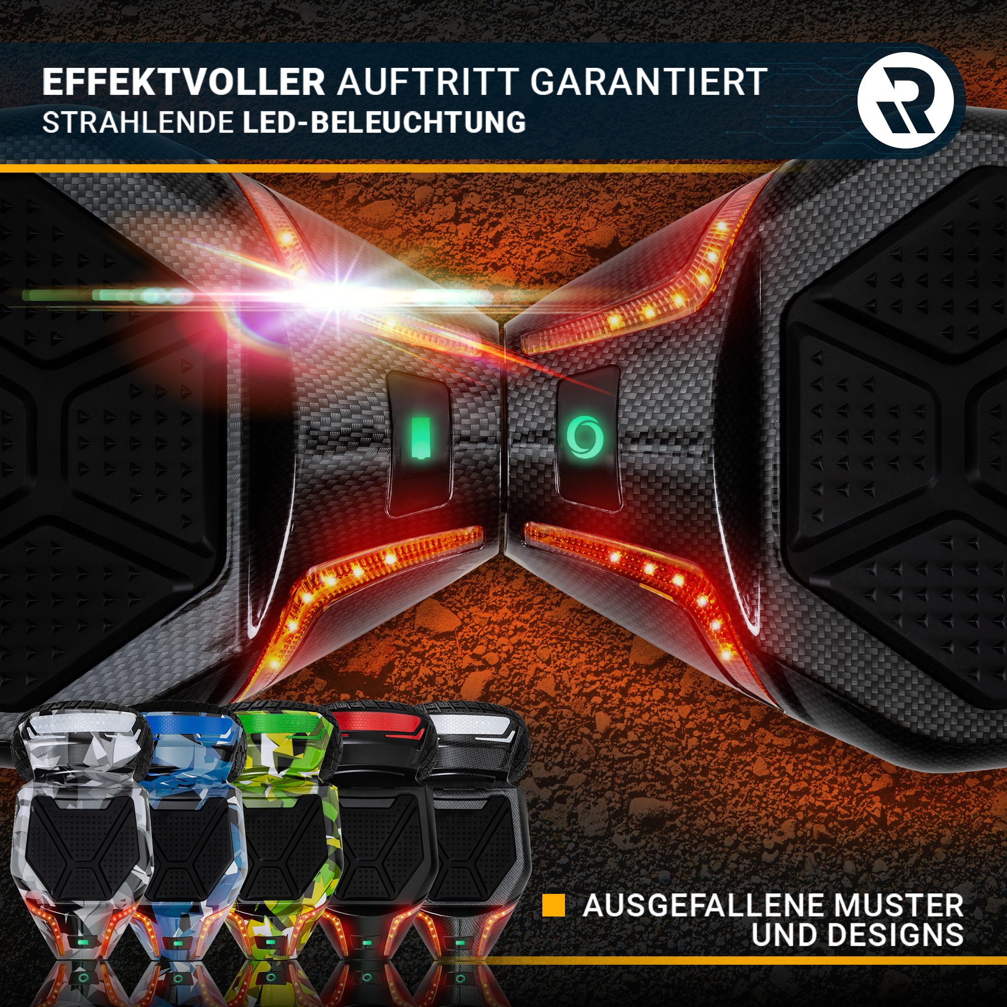 Hoverboard-Detail mit hellen LED-Leuchten und farbenfrohen Designs. Verschiedene Hoverboard-Designs werden unten gezeigt.