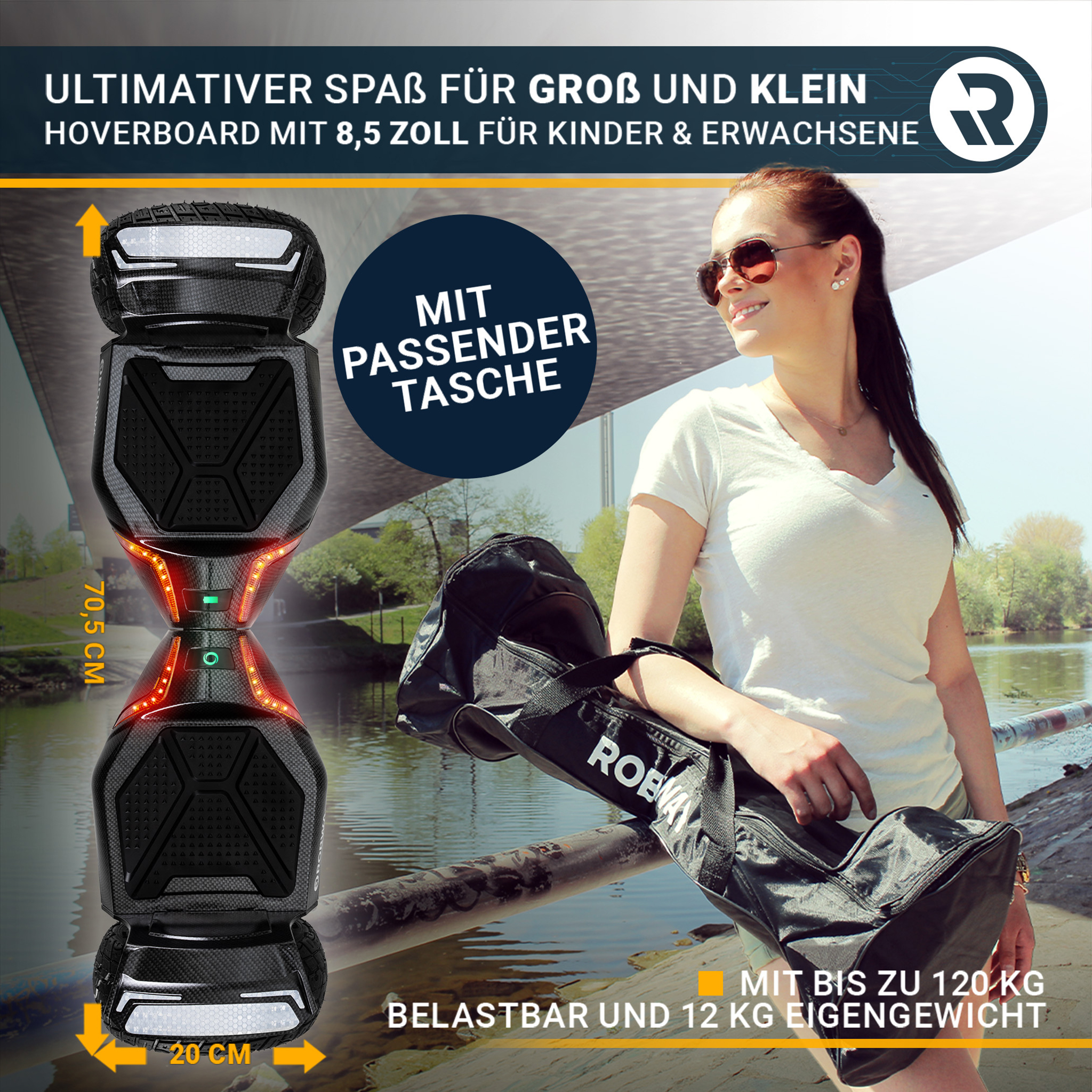Frau hält ein Hoverboard mit einer Tasche. Das Hoverboard ist schwarz und rot. Abmessungen und Gewicht werden angezeigt.