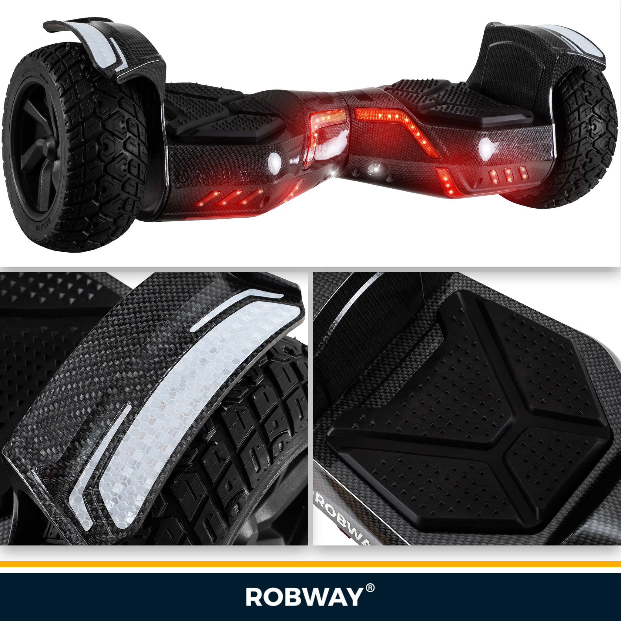 Hoverboard-Details mit Profil- und Fußauflagenstrukturen, Nahaufnahme. Schwarzes und graues Design ist sichtbar.