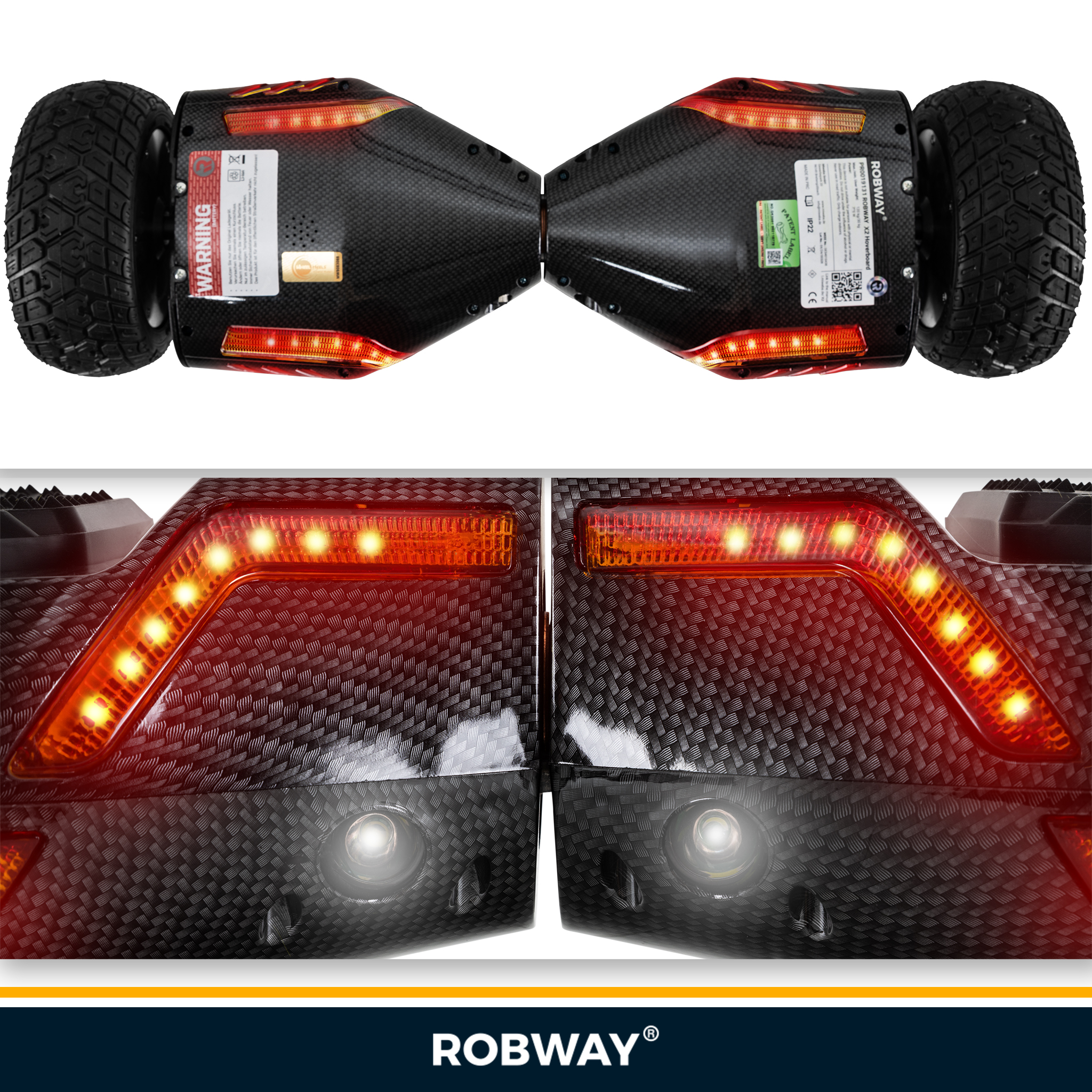 Zwei Hoverboards nebeneinander, Nahaufnahme von Lichtern und Profil. Details des Hoverboards werden angezeigt.