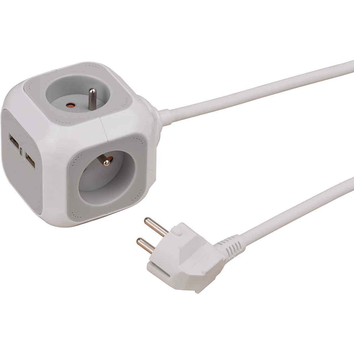 Multipresa bianca con tre prese e due porte USB, con spina.