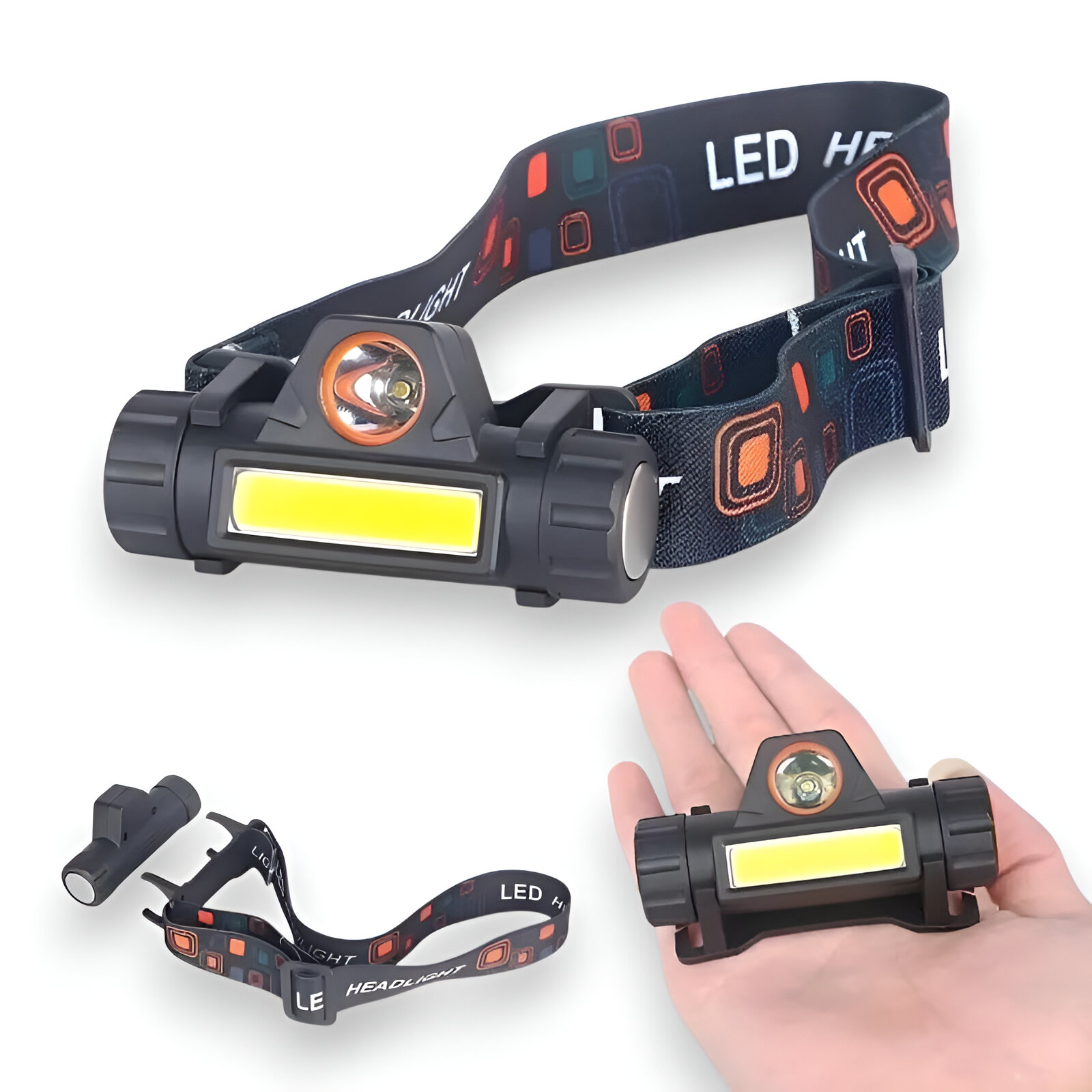 Lámpara frontal LED negra, con luz blanca, sostenida en una mano. Lámpara adicional separada.
