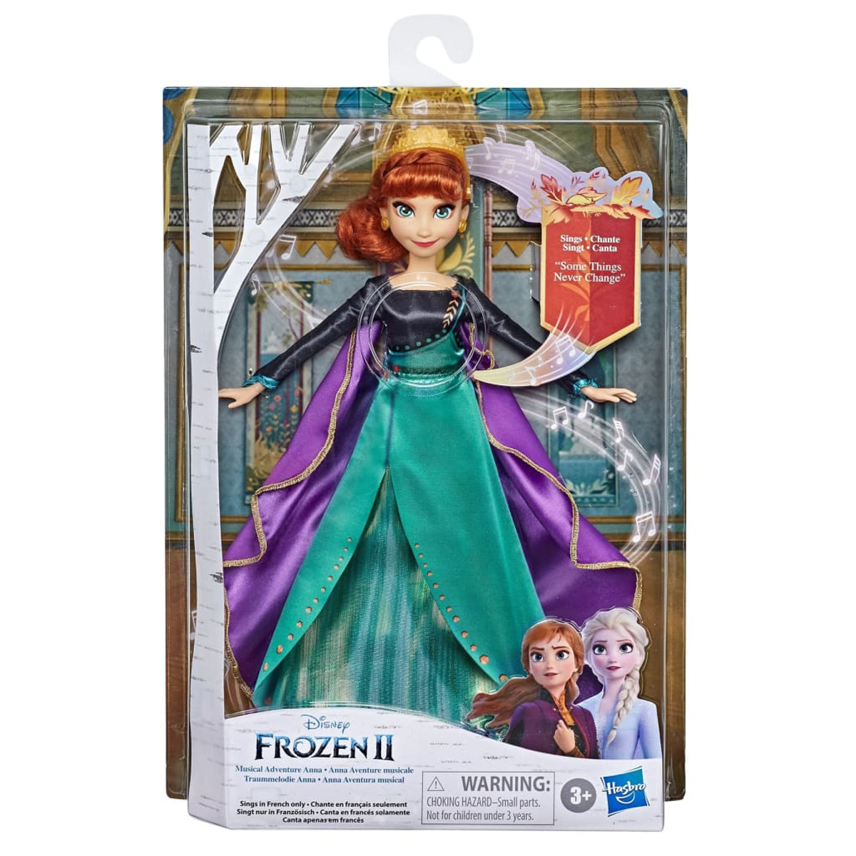 Una bambola di Anna di Frozen nella confezione. La confezione include testo e immagini.