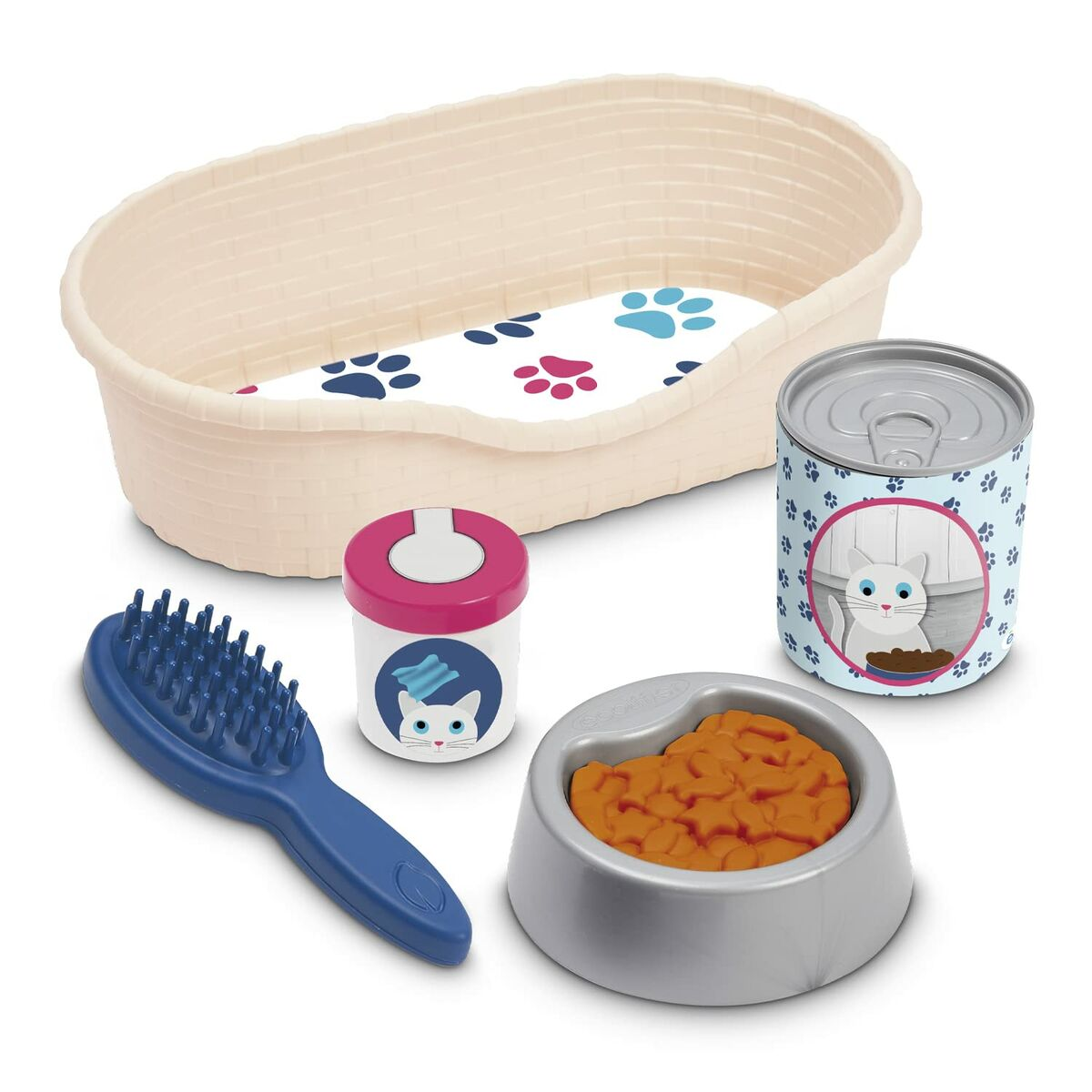 Zestaw do pielęgnacji kota, zawierający legowisko, szczotkę, miskę, puszkę z jedzeniem i mały pojemnik.