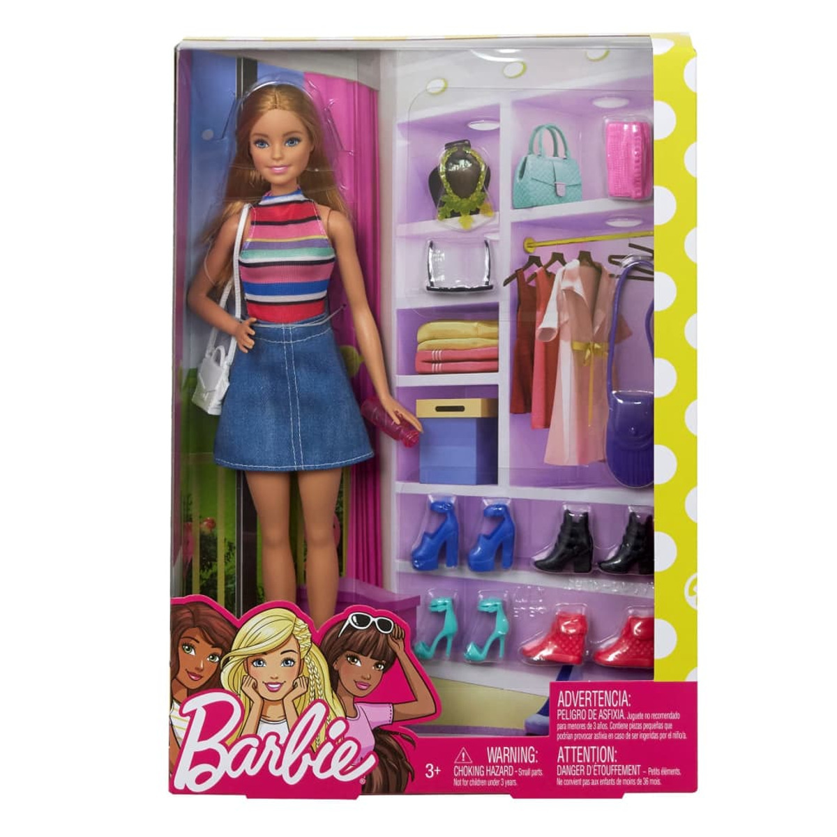 Lalka Barbie z garderobą pełną ubrań i akcesoriów.