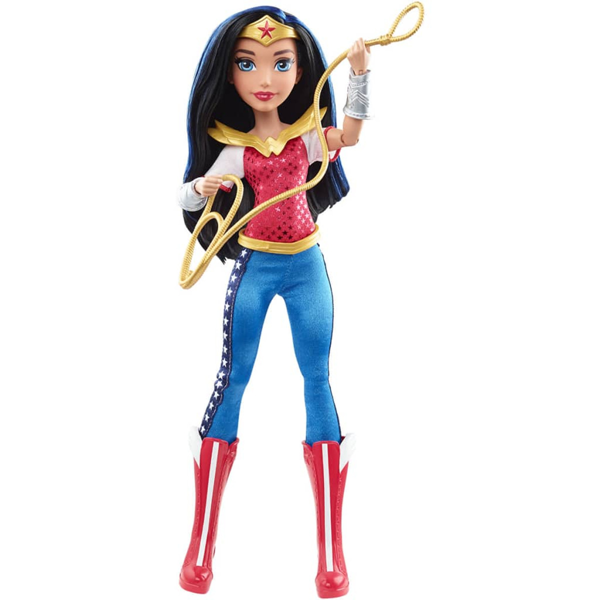 Bambola di Wonder Woman, con un lazo, in posa da supereroina classica.