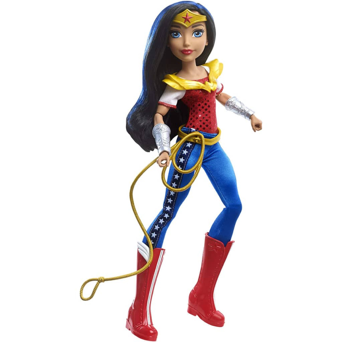 Bambola di Wonder Woman. Indossa un top rosso e bianco, pantaloni blu con stelle e stivali rossi. Lazo d'oro in mano.
