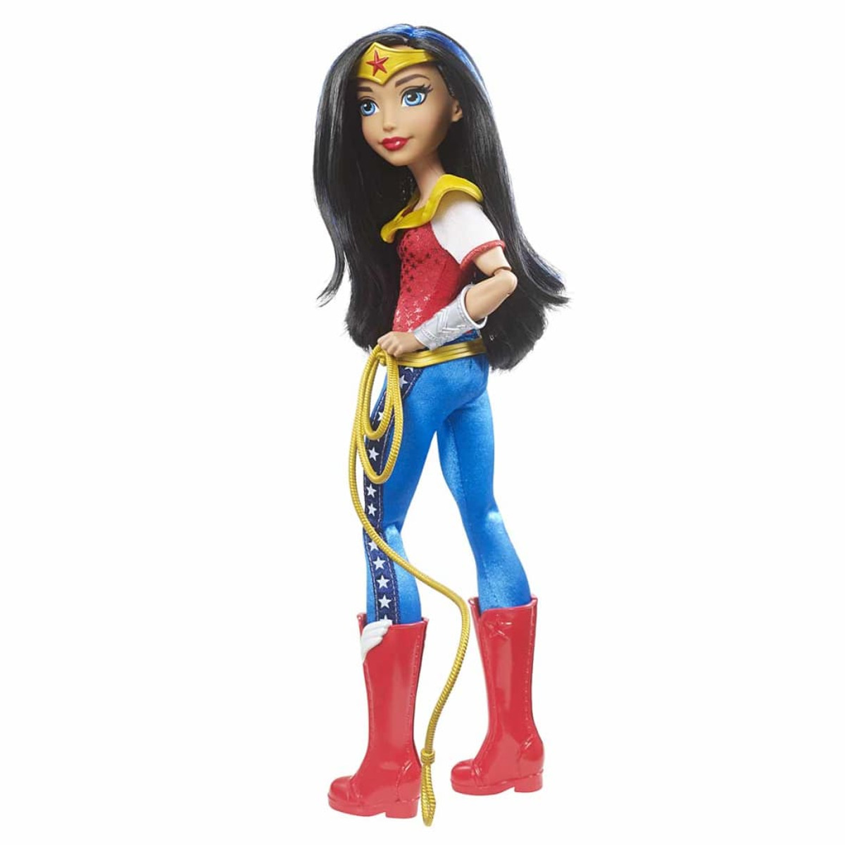 Bambola di Wonder Woman, con un lazo, in piedi con sguardo determinato.