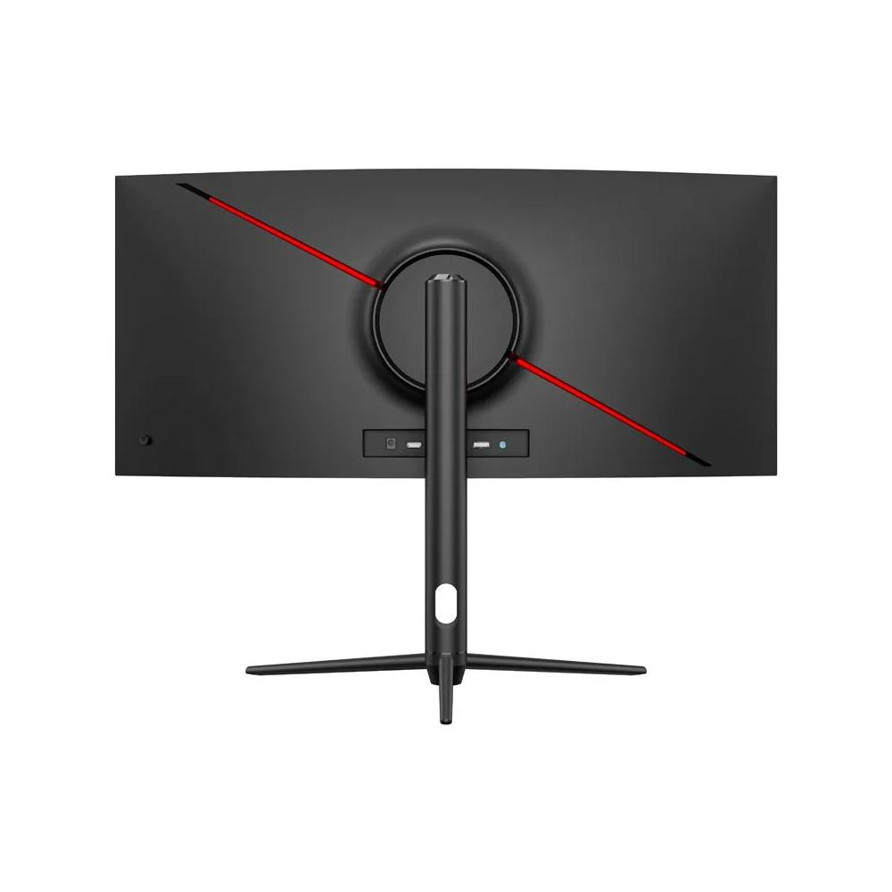 Widok z tyłu czarnego monitora z czerwonym akcentem, podstawką i portami.