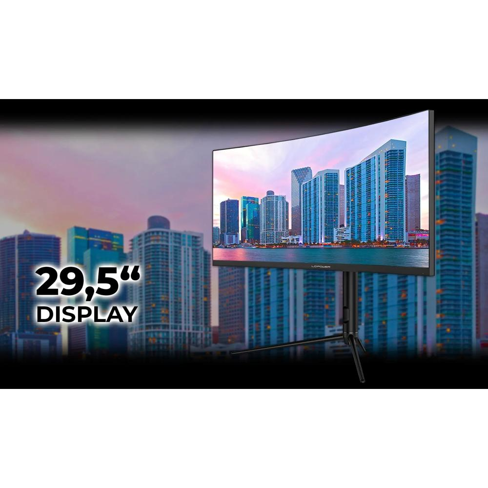 Zakrzywiony monitor z panoramą miasta. Na statywie, z tekstem "29,5" DISPLAY".