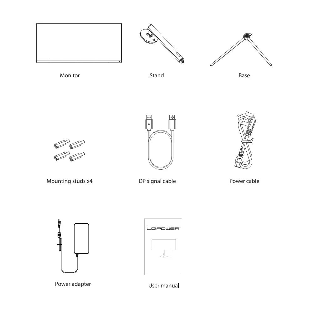 Elementy: Monitor, stojak, podstawa, kołki montażowe, kabel DP, zasilacz, adapter i instrukcja.