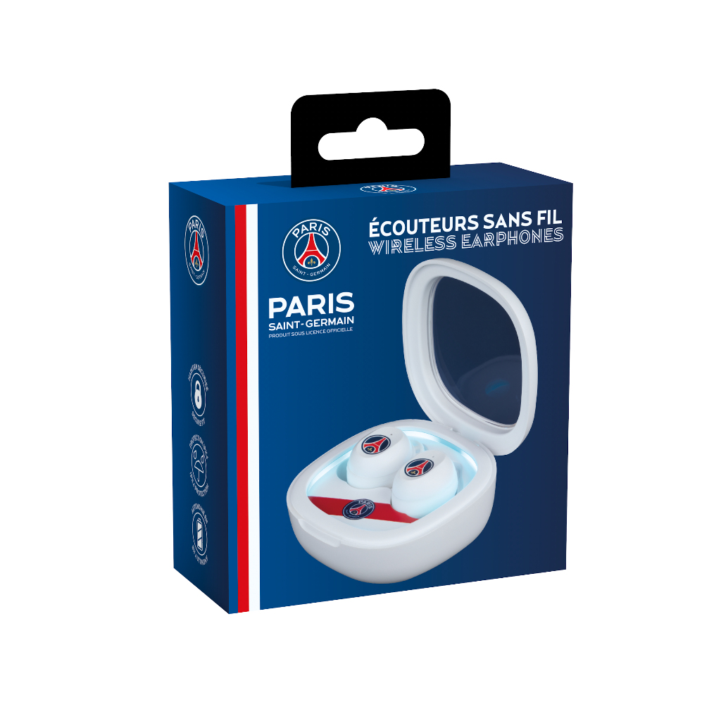Kopfhörerbox, weiße Ohrhörer innen. Die Box ist blau mit dem Paris Saint-Germain Logo.