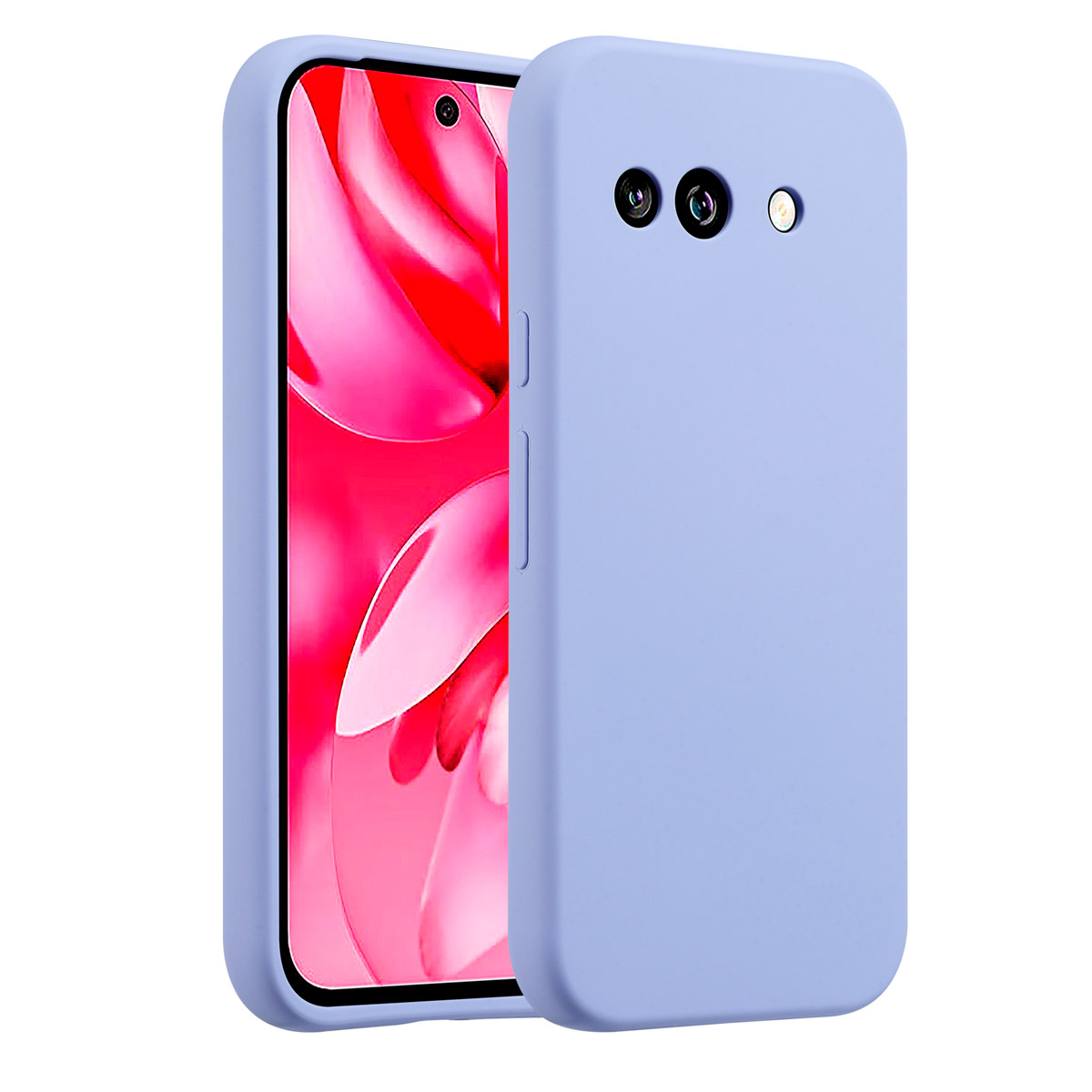 Een paarse telefoon met een hoesje. De telefoon heeft drie camera's.