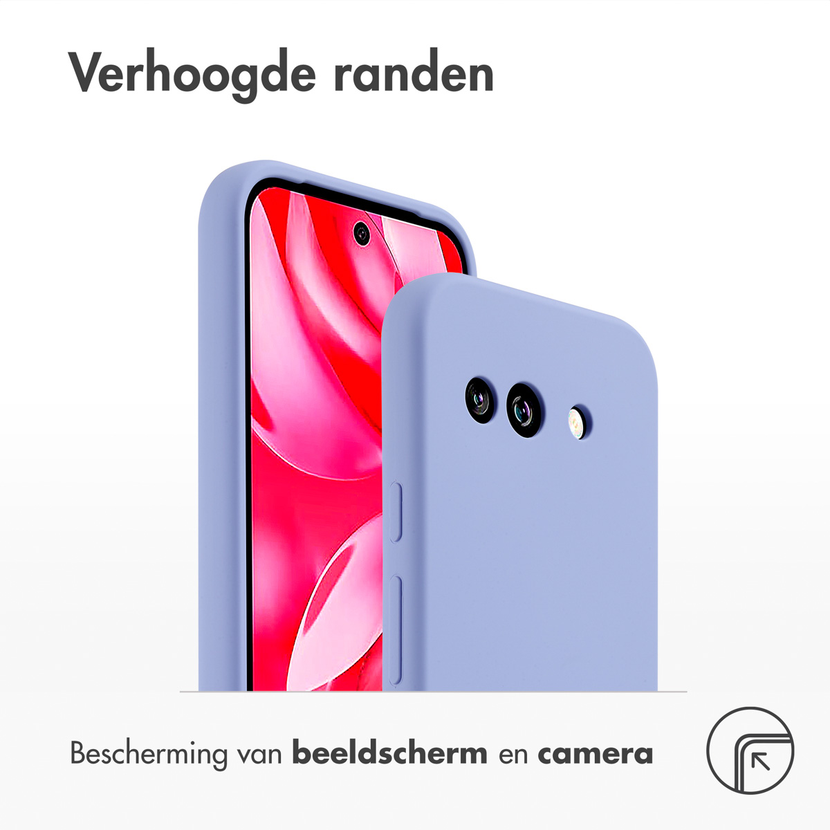 Een paarse telefoon met een hoesje. De telefoon heeft een beschermende rand.
