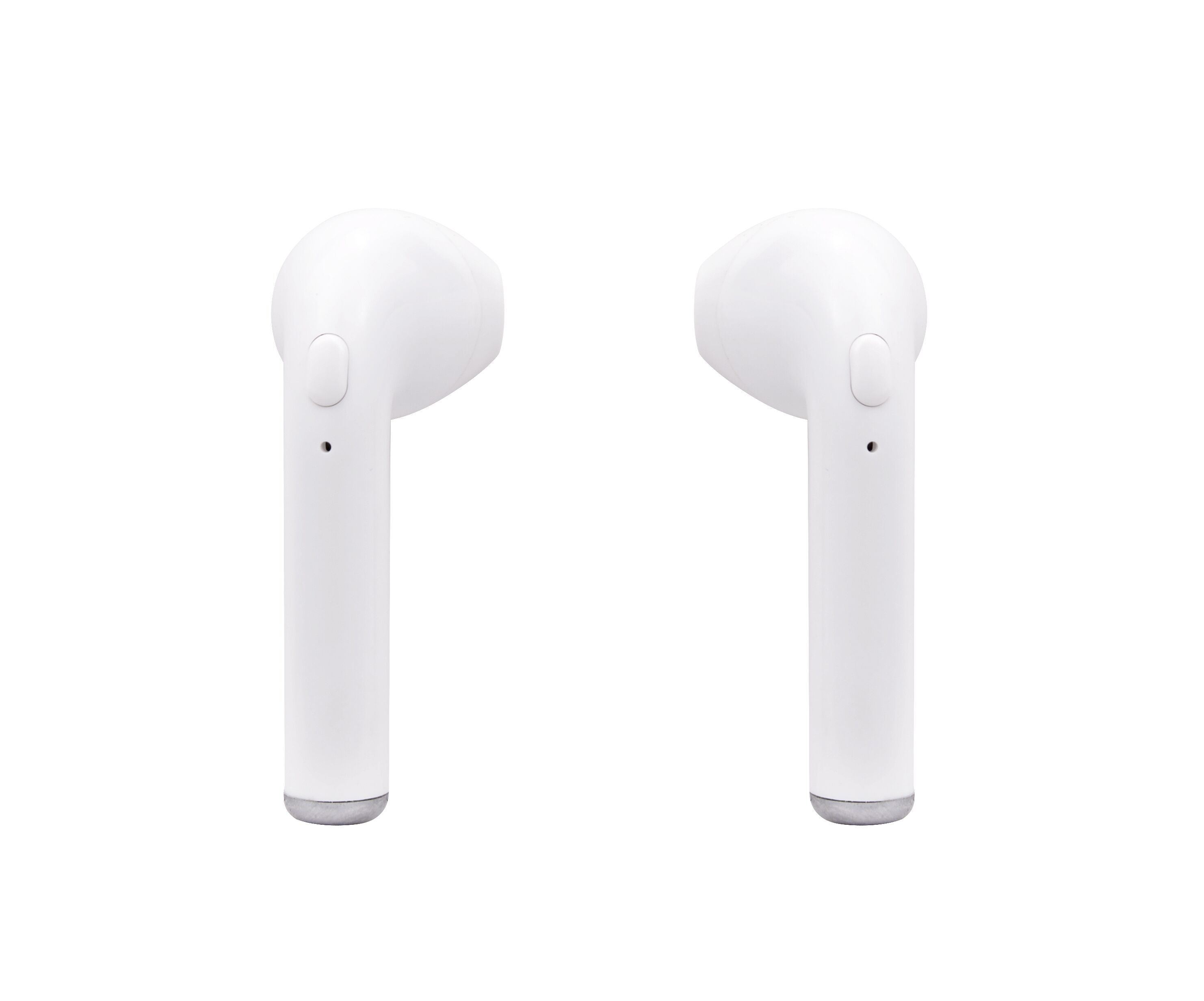 Deux écouteurs blancs. Ils sont isolés sur fond blanc.