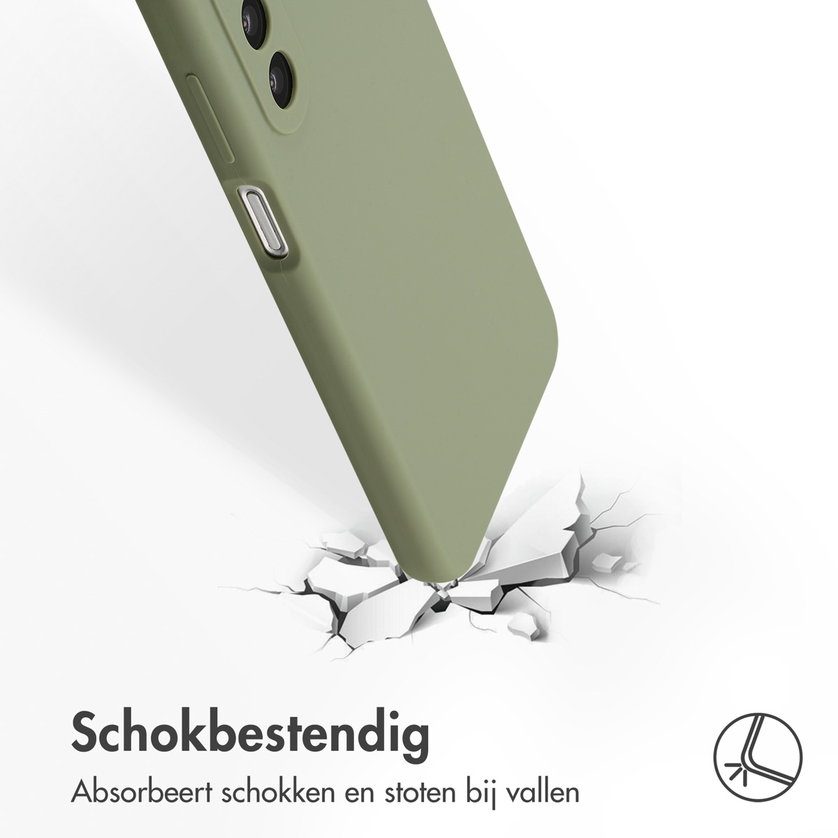 Groene telefoonhoes valt, grond breekt. Tekst: Schokbestendig. Absorbeert schokken bij impact.