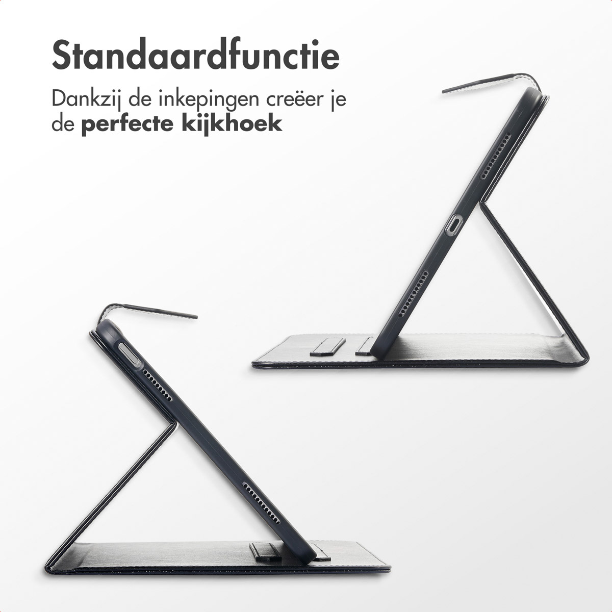 Two black tablet cases, one open, propped up to create a viewing angle. White background.