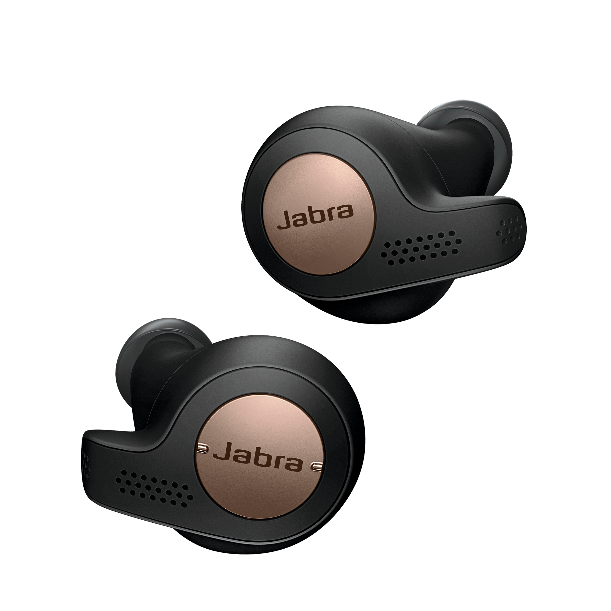 Auriculares Jabra negros con detalles dorados. Fondo blanco.