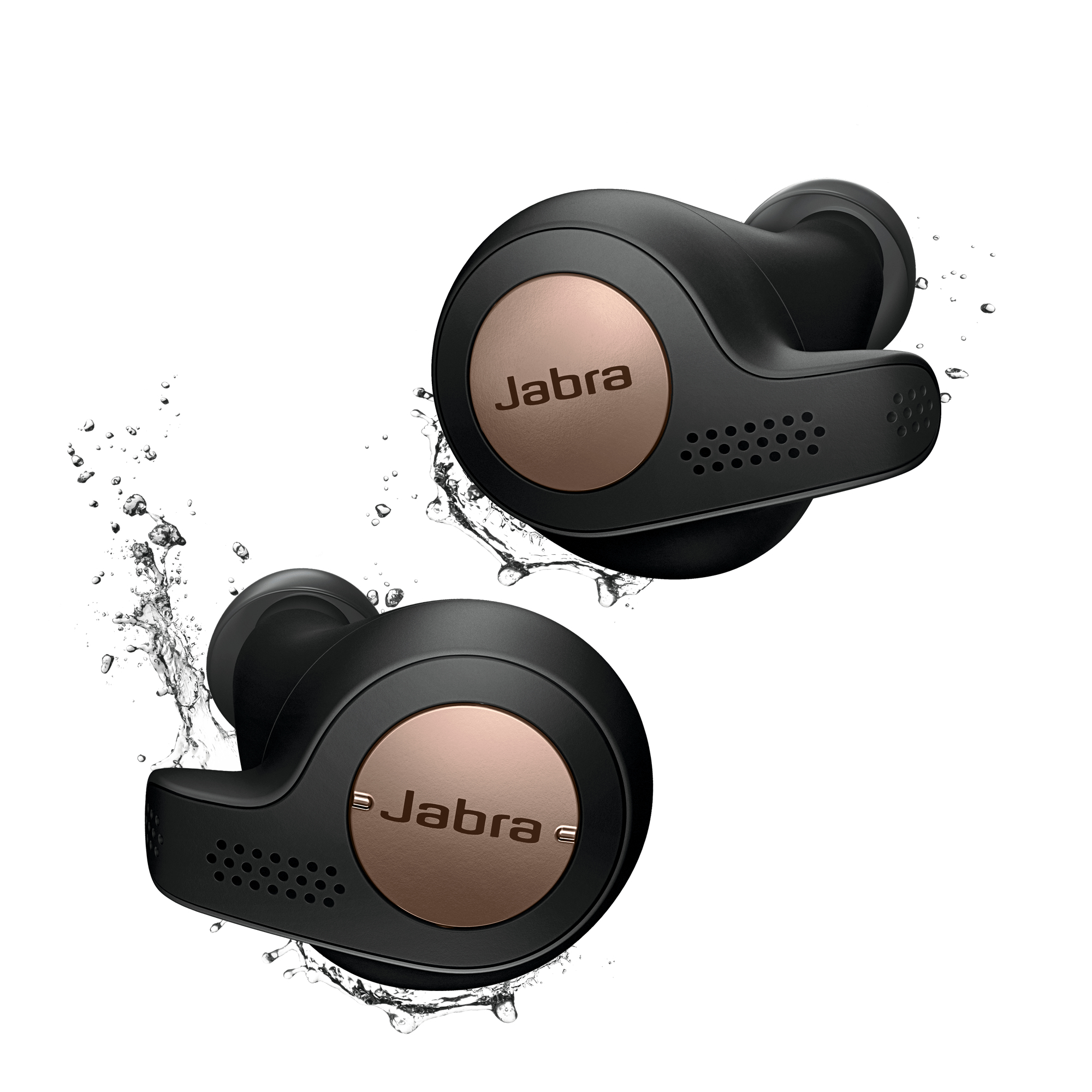 Auriculares Jabra negros con detalles dorados en agua. Fondo blanco.