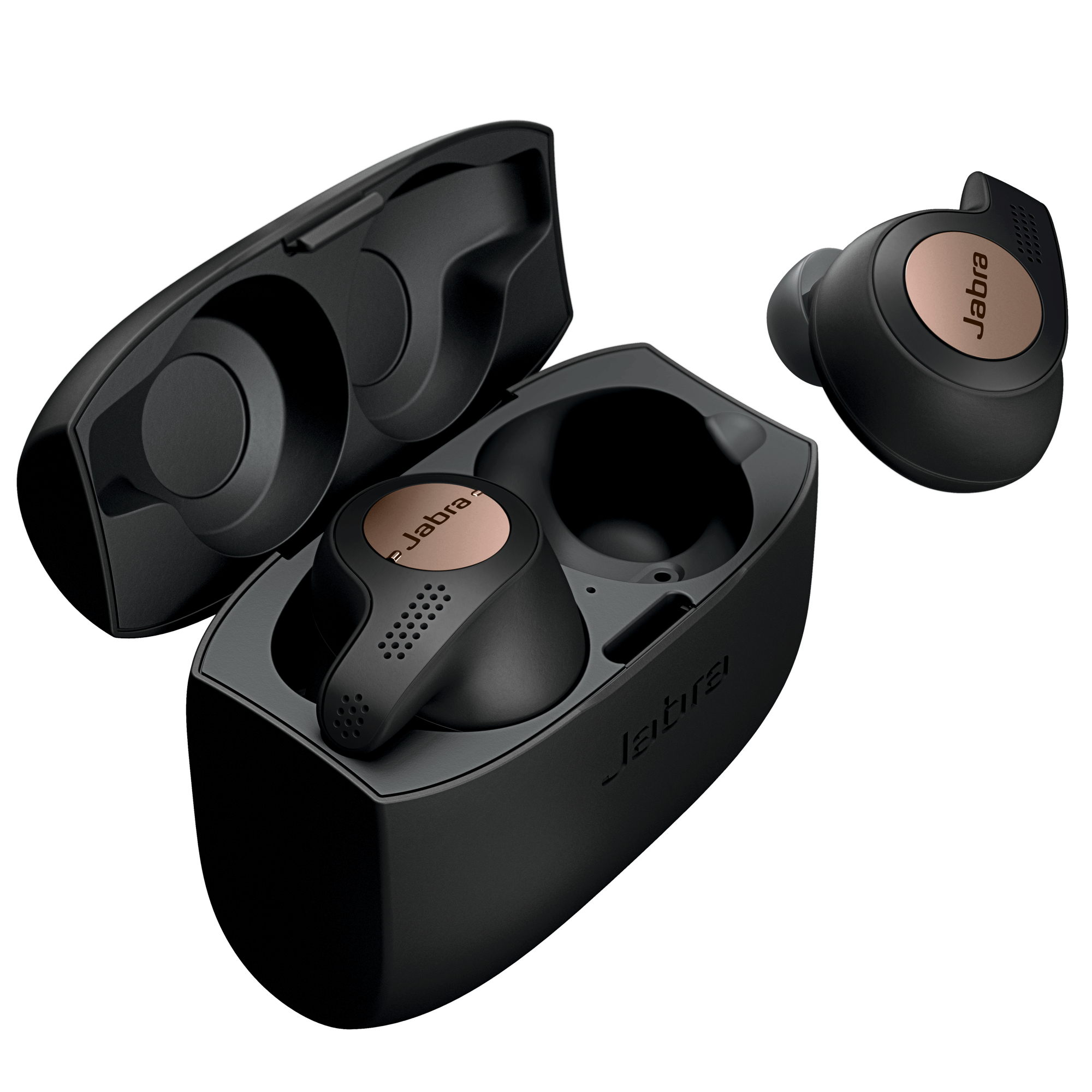 Auriculares Jabra negros y estuche de carga abierto. Fondo blanco.
