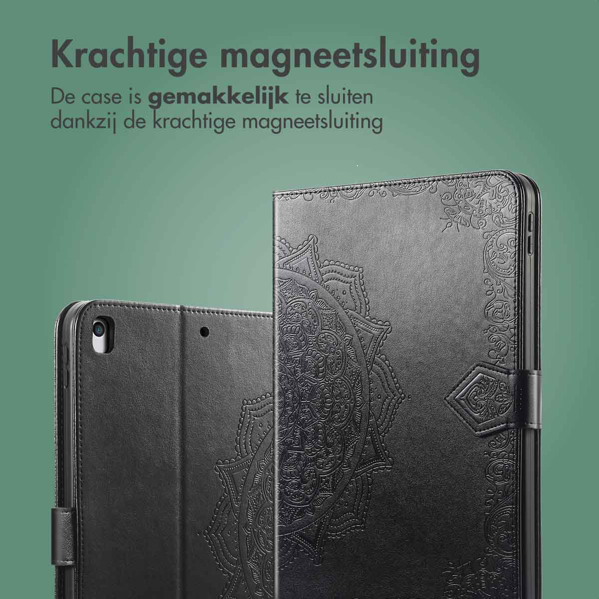 Black leather tablet case with embossed design. Green background.