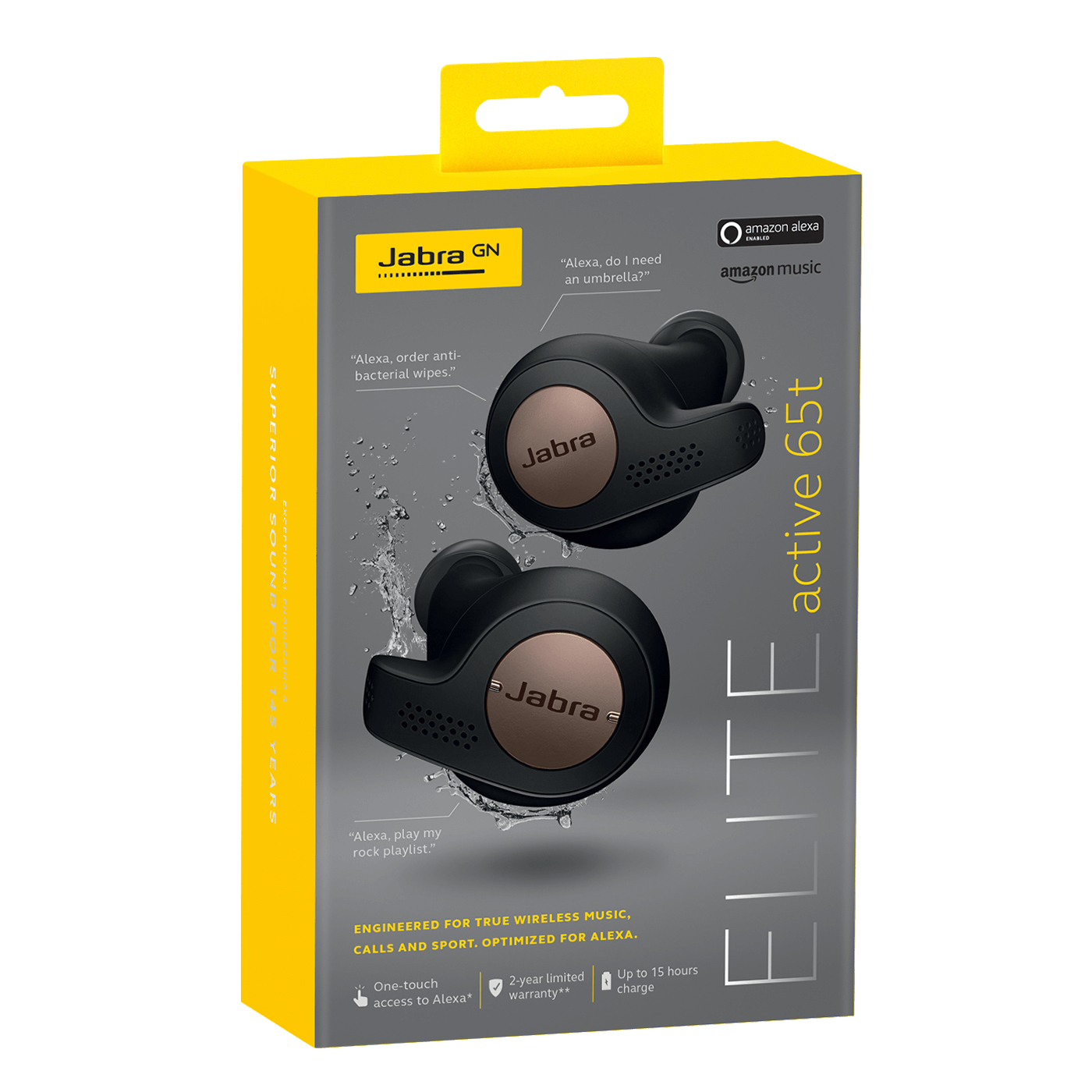 Auriculares en una caja amarilla. Texto: Jabra Elite Active 65t. Compatible con Amazon Alexa.