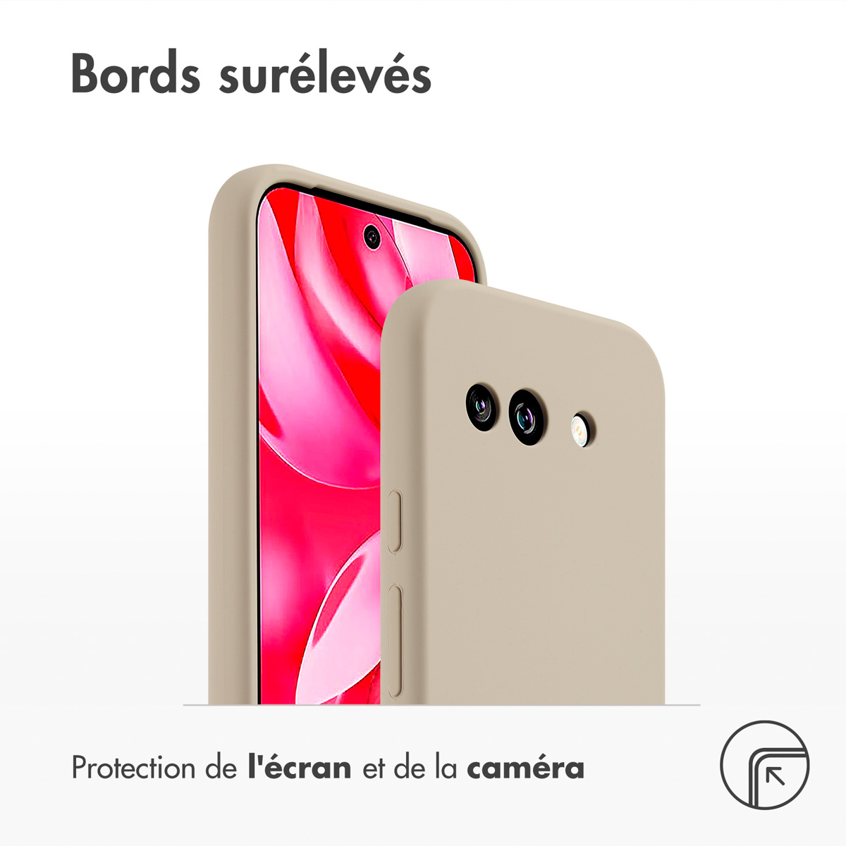 Telefoonhoesje met verhoogde randen. Telefoon zichtbaar. Beige hoes, roze scherm.