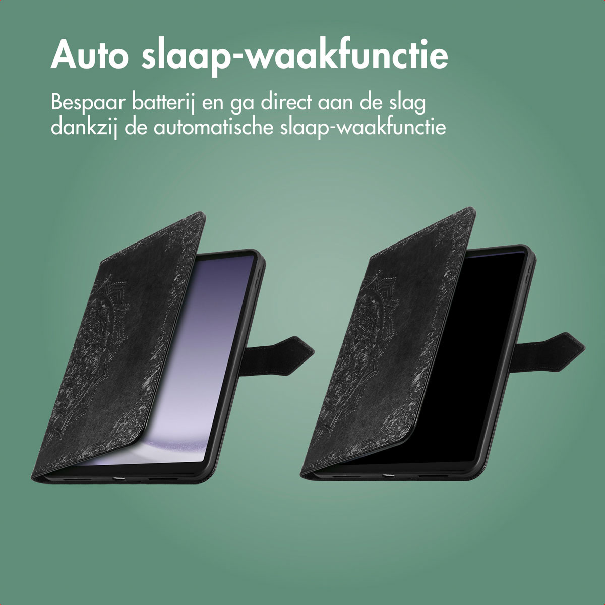 Tablet case open and closed, showing tablet and embossed design. Green background.