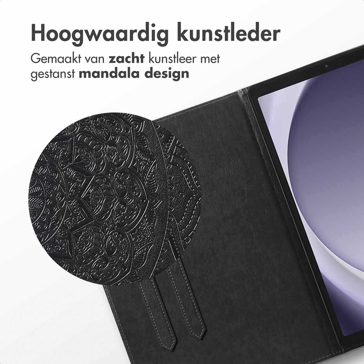 Black tablet case, close up of the embossed design. The case is open. Black background.