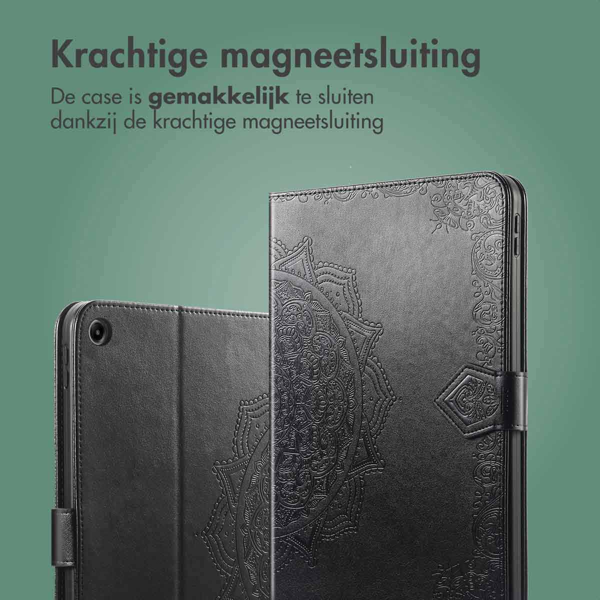 Black tablet case with embossed design, text on the top. Close up of the case.