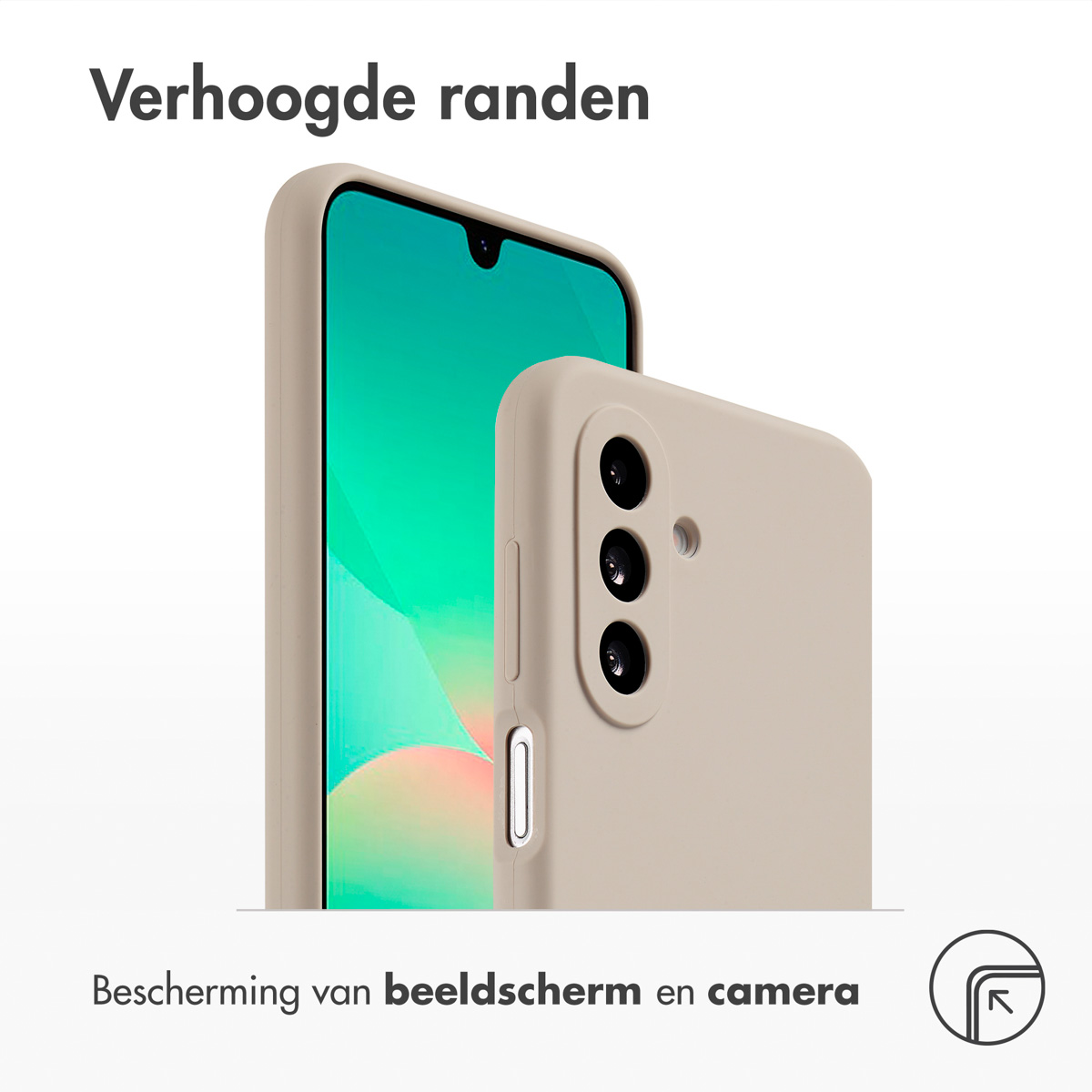 Telefoonhoesje met scherm en opstaande randen. Tekst: Bescherming van scherm en camera.