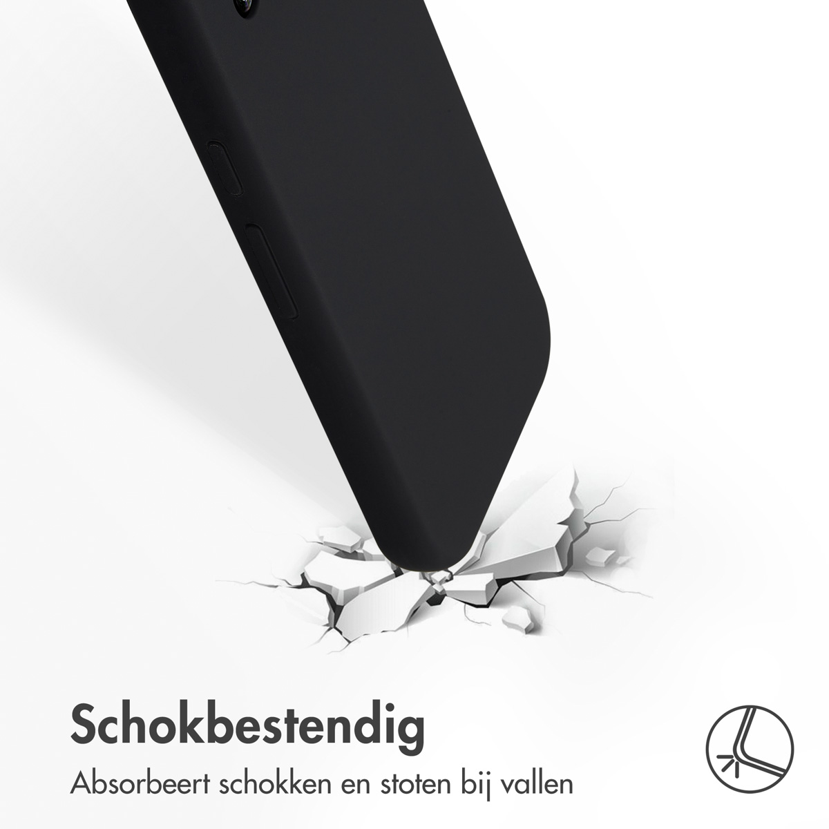 Zwarte telefoonhoes die op een wit oppervlak valt. Het oppervlak scheurt.