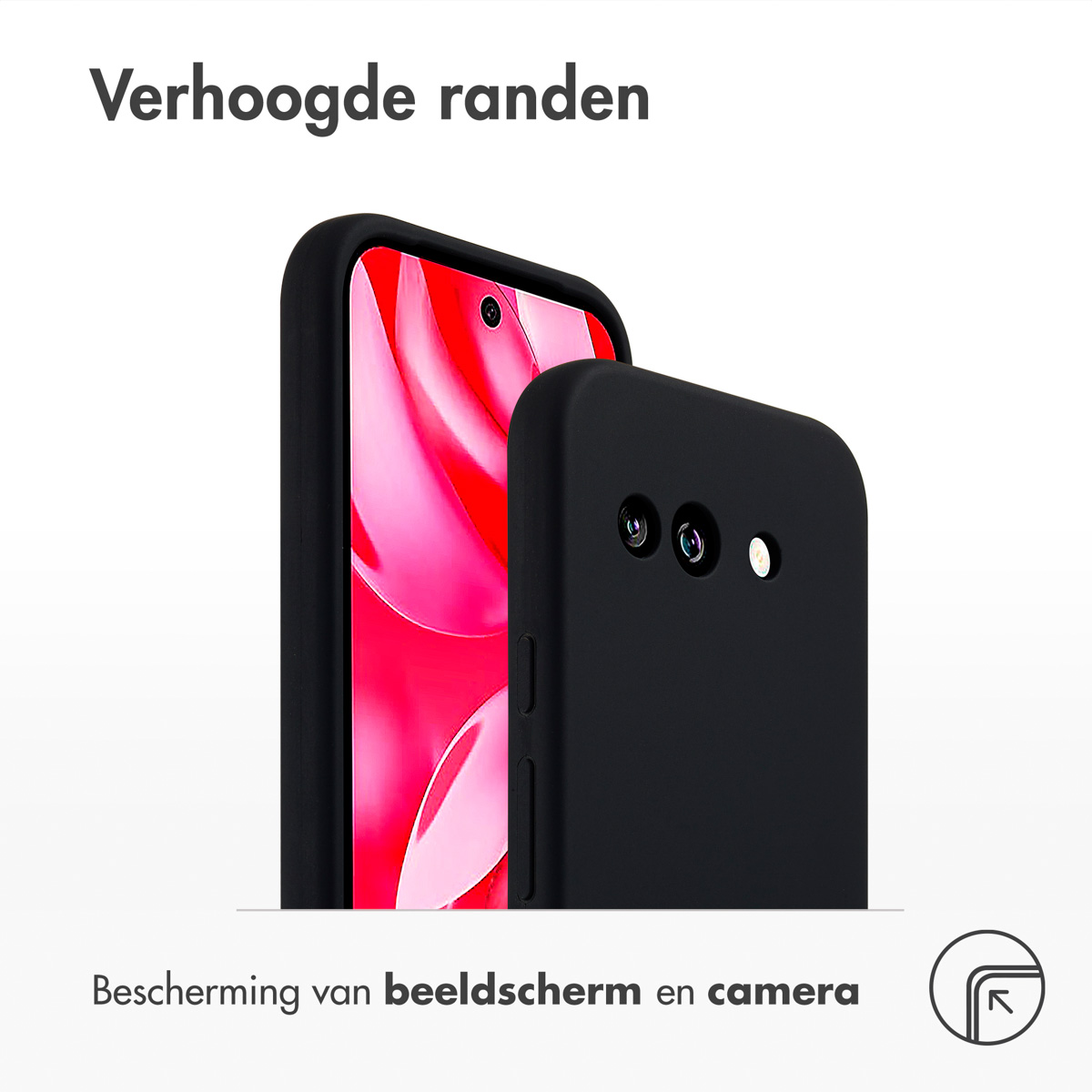Close-up van twee telefoonhoesjes, één bovenop de andere. Zwarte en roze achtergrond.