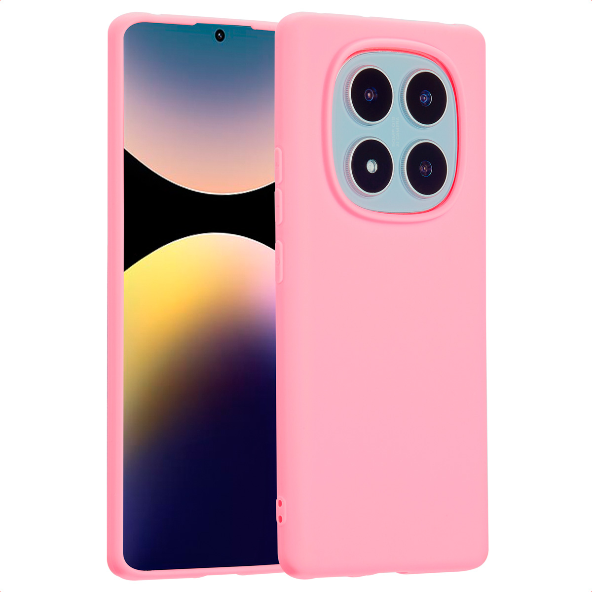 Roze telefoonhoes met een telefoon erin. Hoes heeft een camerabult.