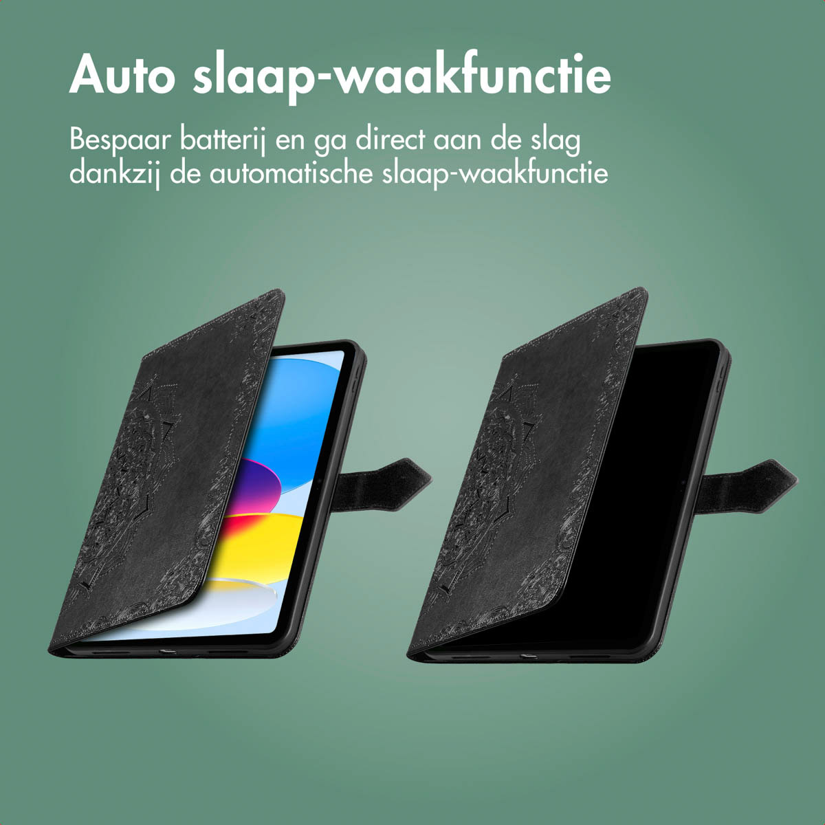 Tablet case open. Black with a green background. Tablet screen is visible.