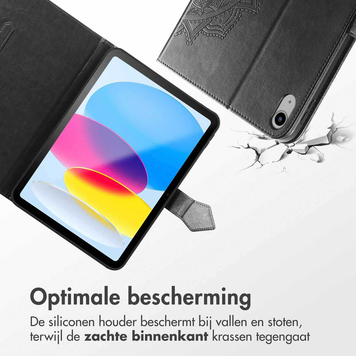 Tablet with a black case open. The screen displays colorful shapes. A case with a decorative pattern is shown.