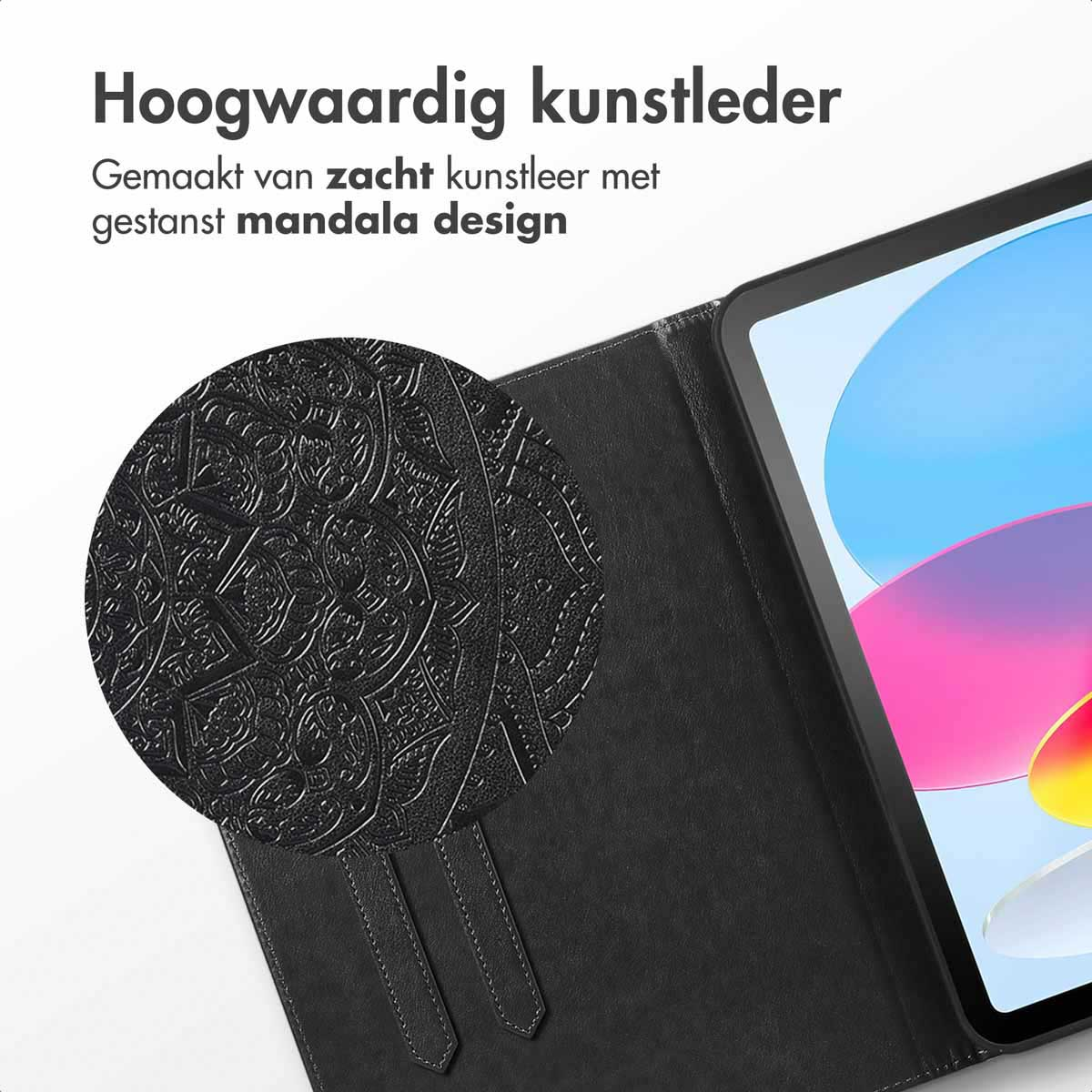 Black tablet case with a mandala design. Text: High-quality faux leather.