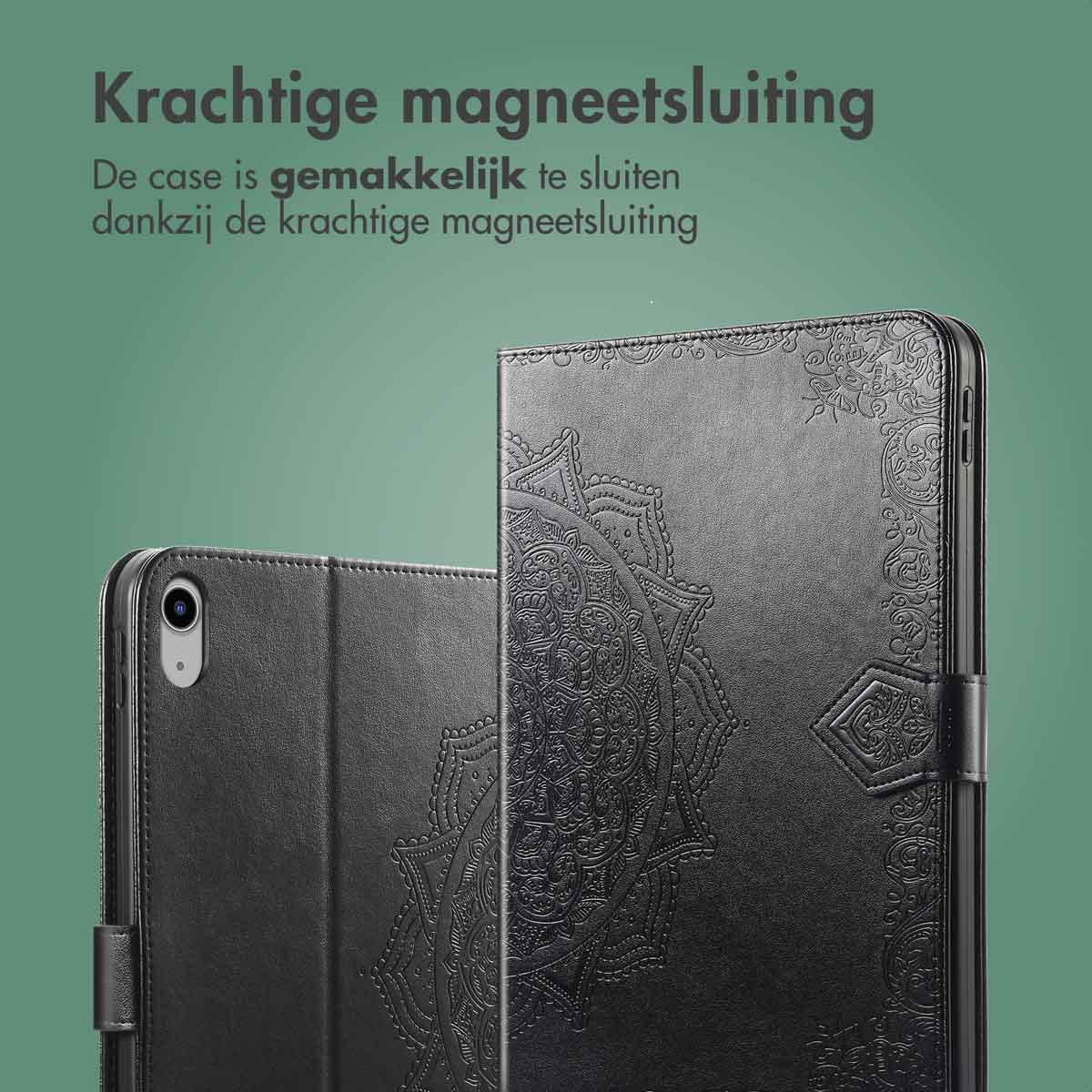 Black tablet case with mandala design. Text: Strong magnetic closure.
