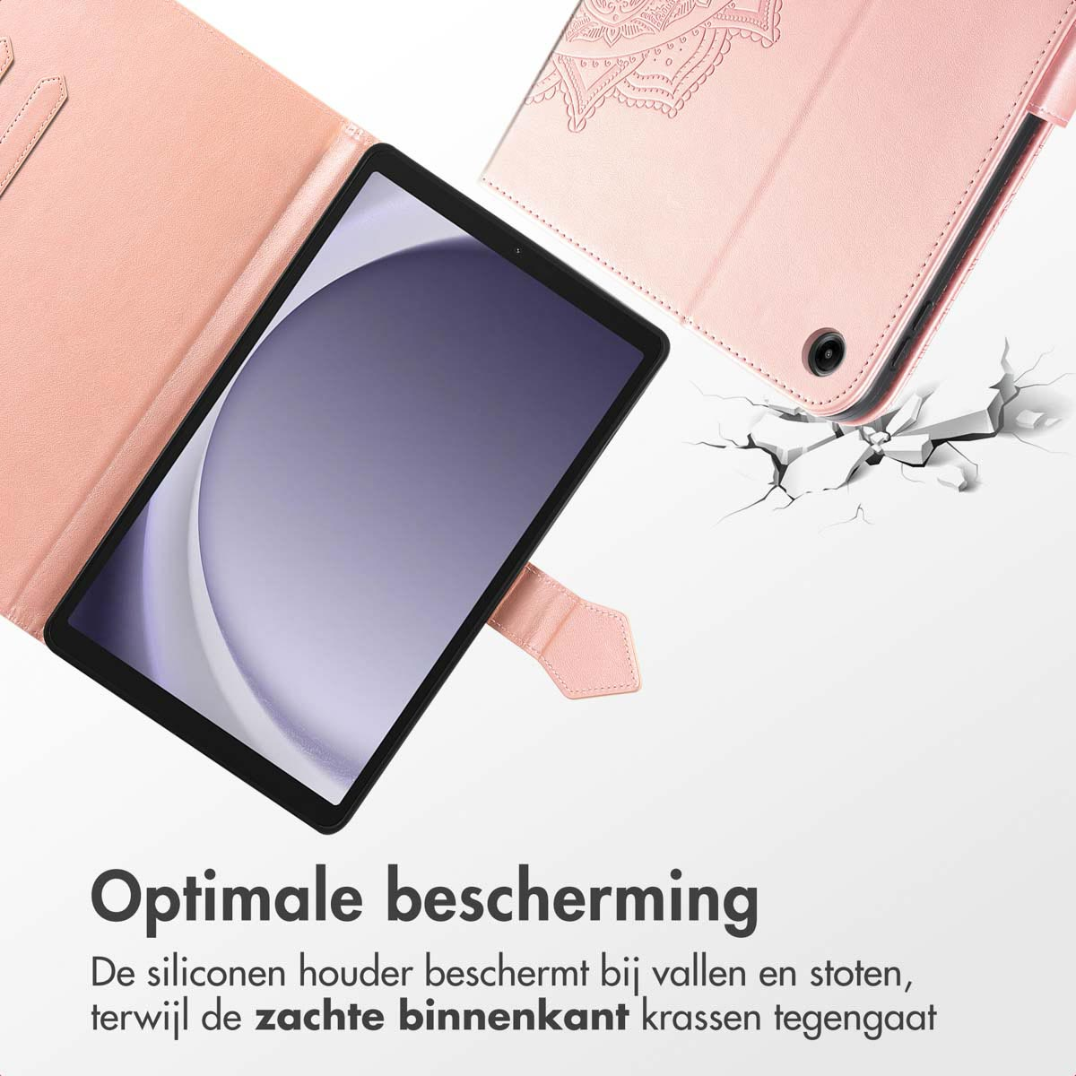 Pink tablet case with tablet and a cracked surface.