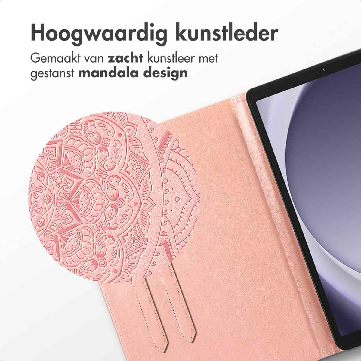 Close-up of tablet case with mandala design. Pink color. Black tablet visible.