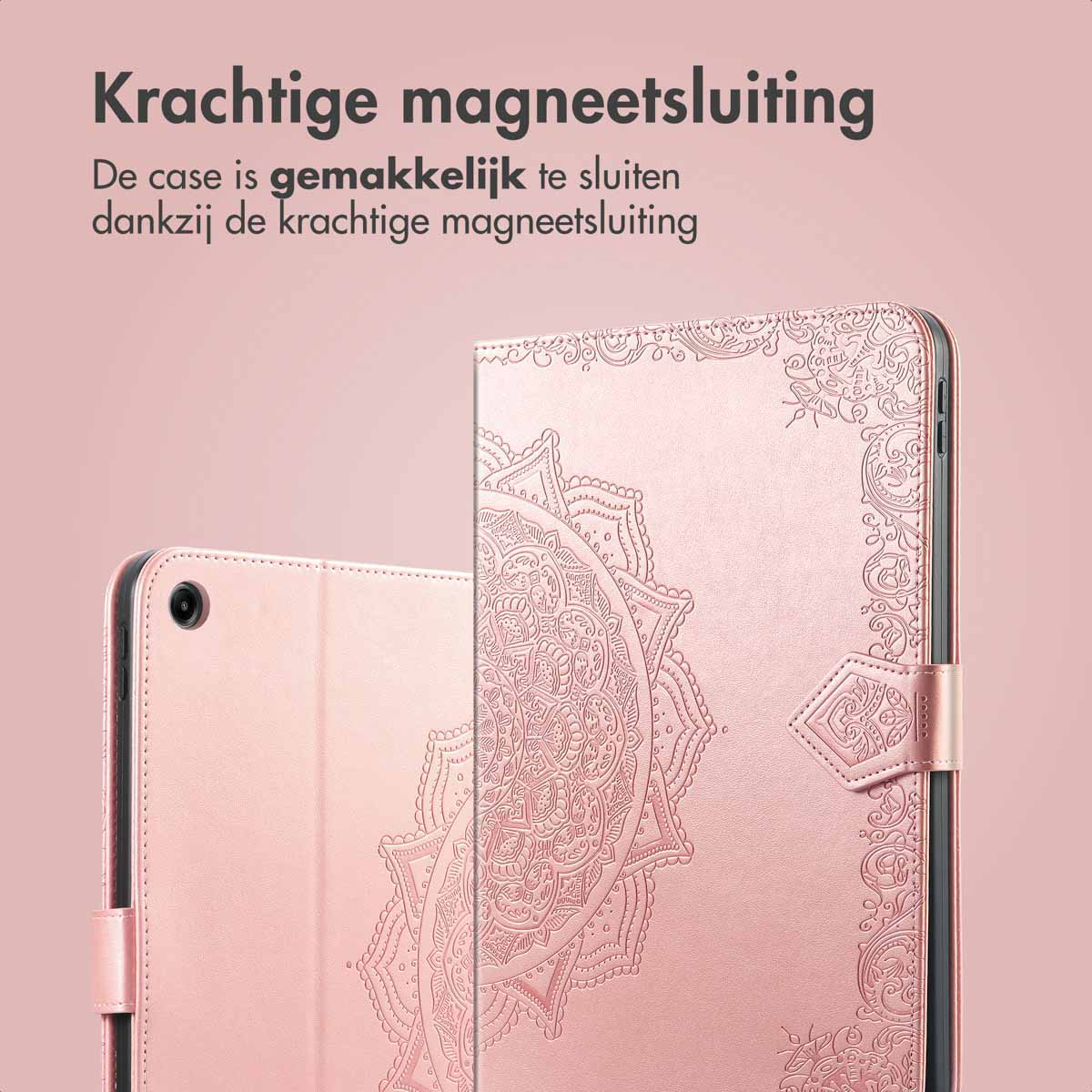 A pink phone case with a floral design. It is closed, and has a magnetic clasp.