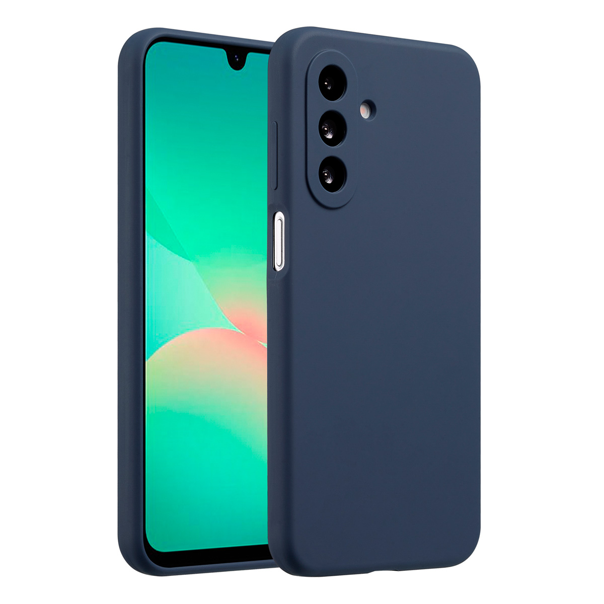 Blauwe telefoonhoes, close-up. Het telefoonscherm is zichtbaar. De hoes heeft camera-uitsparingen.