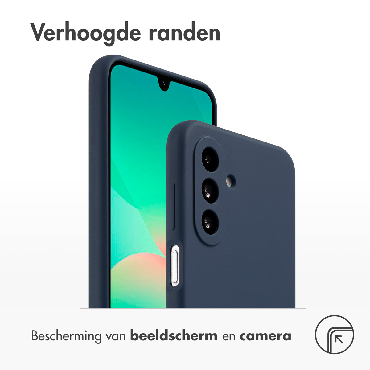 Donkerblauwe telefoonhoes met een telefoon, close-up.
