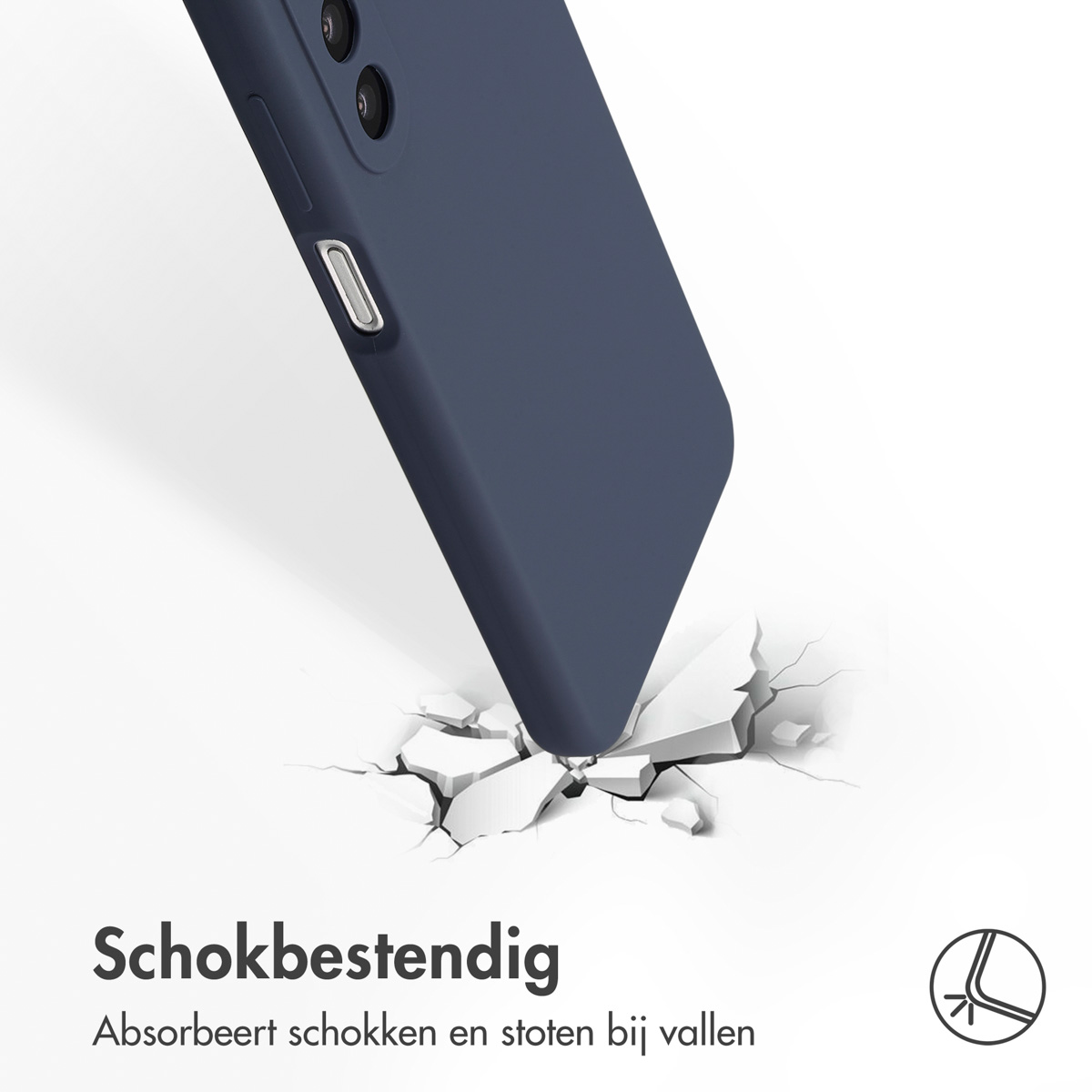Blauwe telefoonhoes, close-up, die het oppervlak raakt en scheuren veroorzaakt. Tekst luidt 'Schokbestendig'.